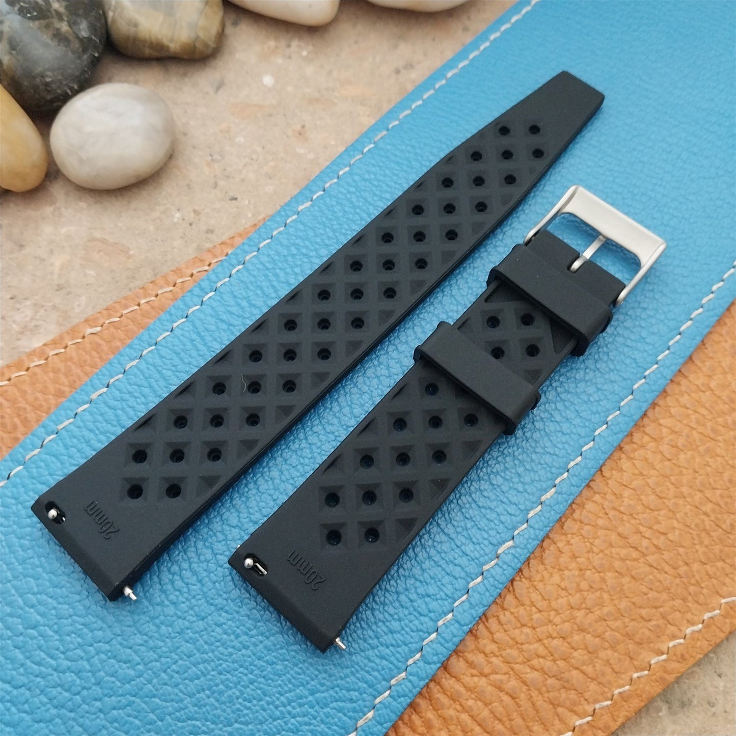 20mm FKM Black Tropical Divers Watch Strap QR Spring Bars Bead Blasted Buckle