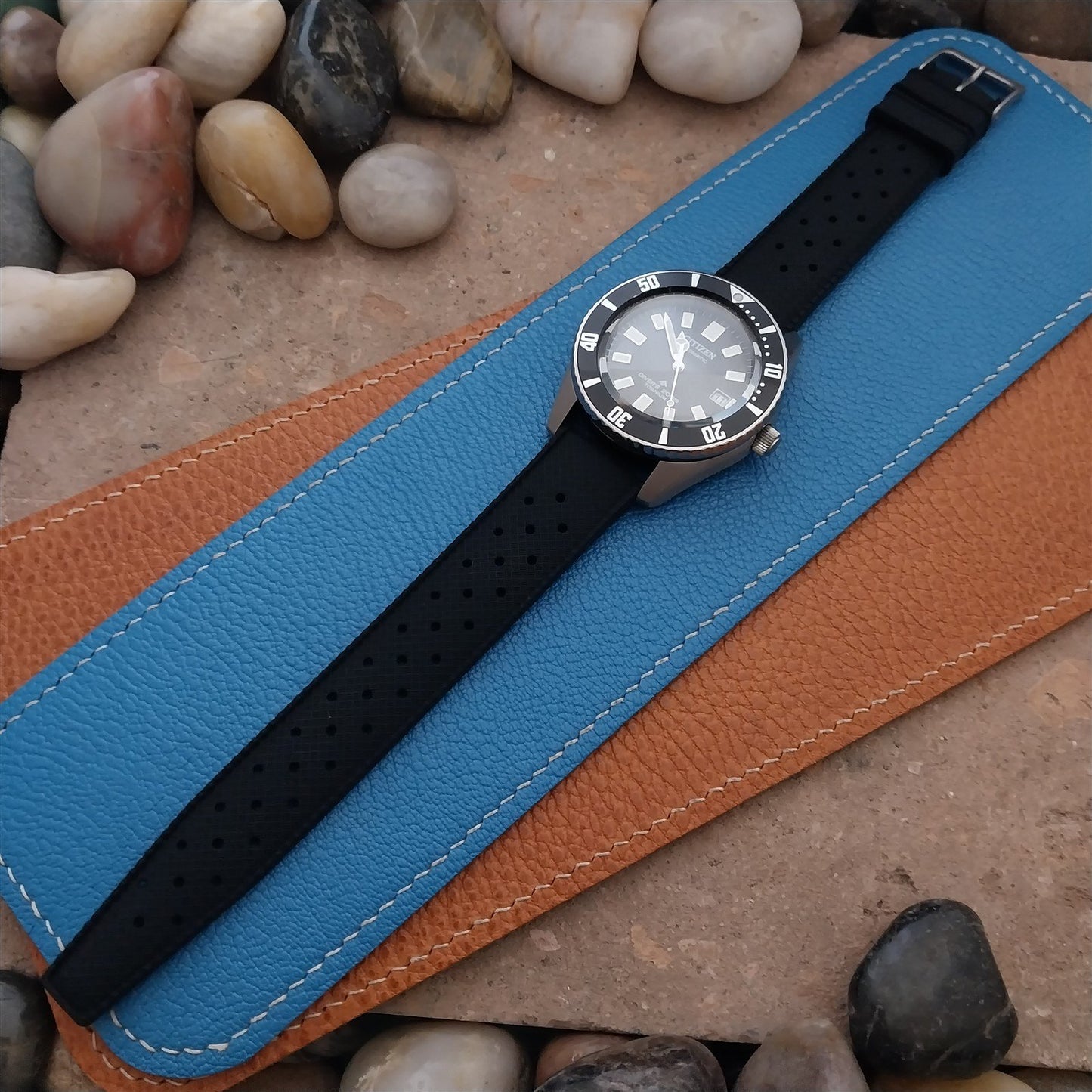 20mm FKM Black Tropical Divers Watch Strap QR Spring Bars Bead Blasted Buckle