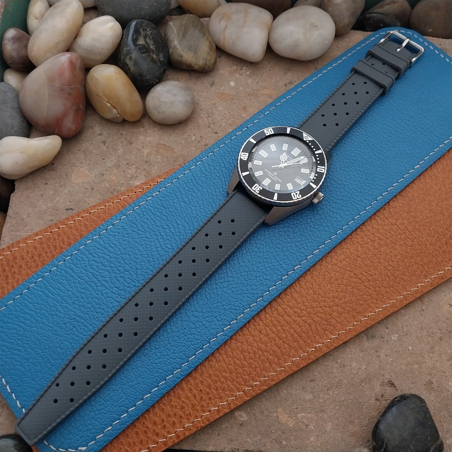 20mm FKM Gray Tropical Divers Watch Strap QR Spring Bars Polished Buckle