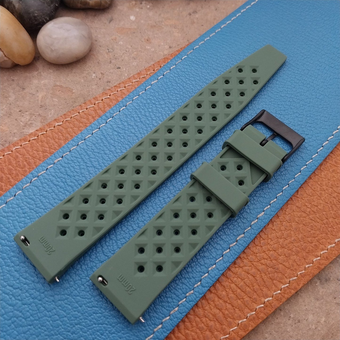20mm FKM Green Tropical Divers Watch Strap QR Spring Bars Black Stainless Buckle