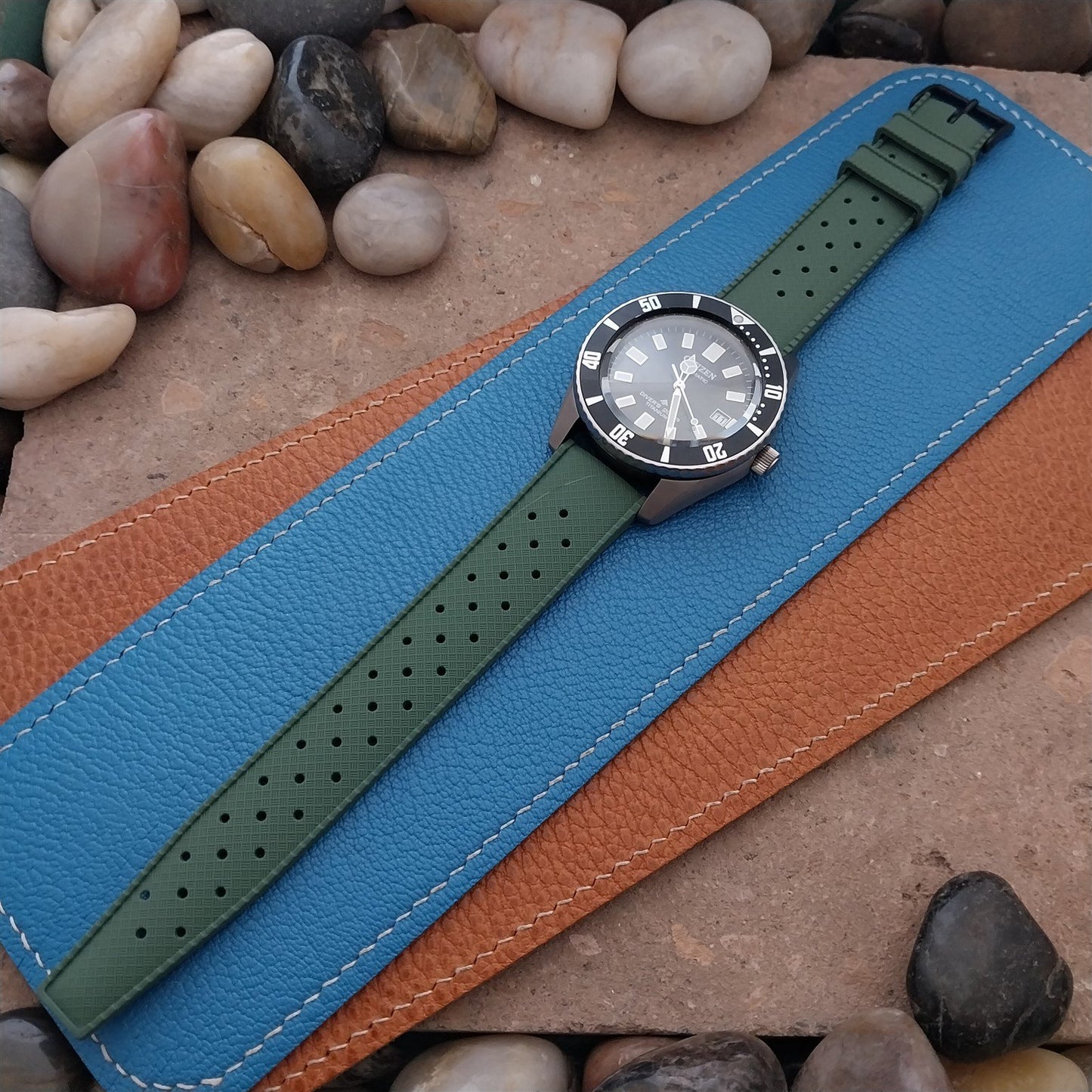 20mm FKM Green Tropical Divers Watch Strap QR Spring Bars Black Stainless Buckle