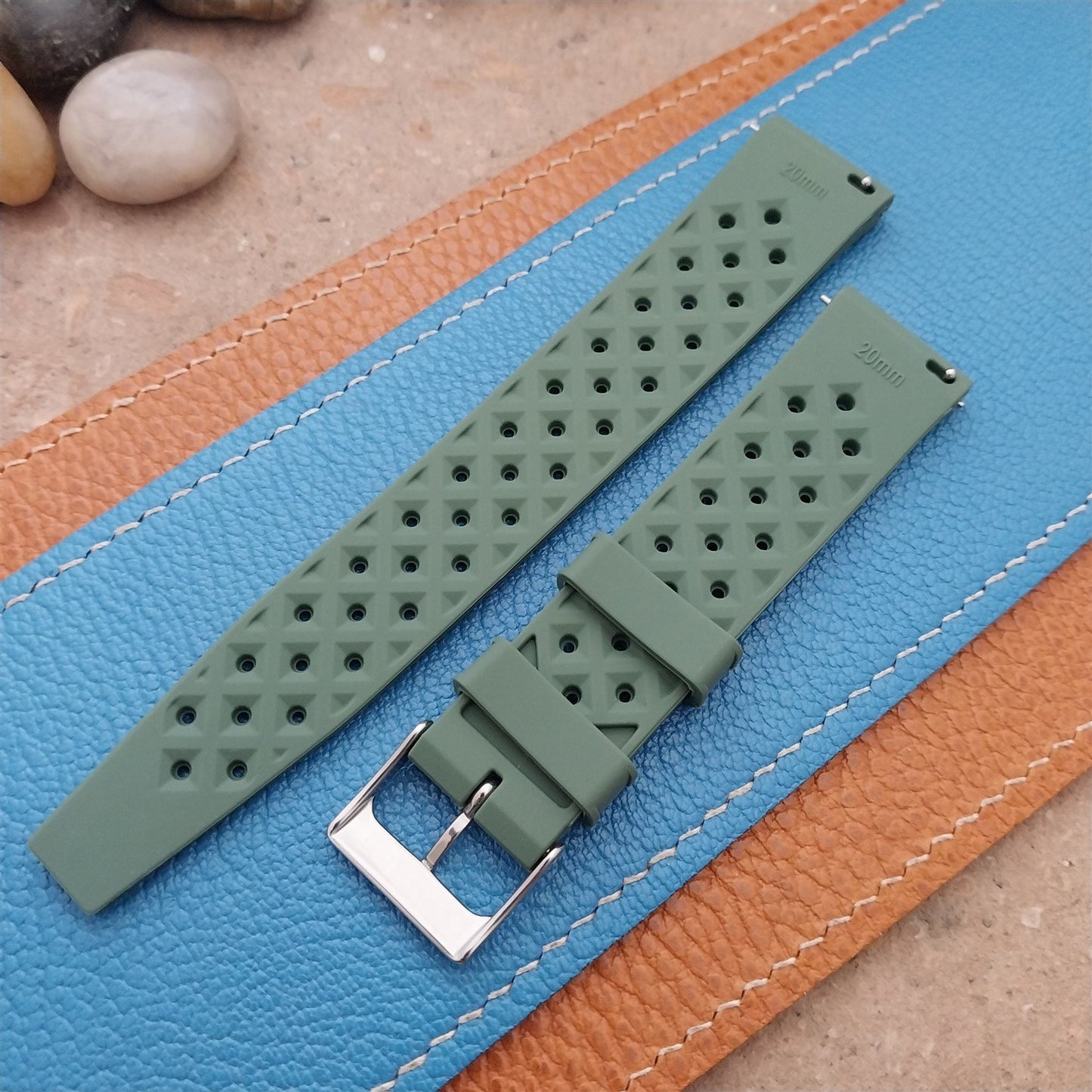 20mm FKM Green Tropical Divers Watch Strap QR Spring Bars Polished Buckle