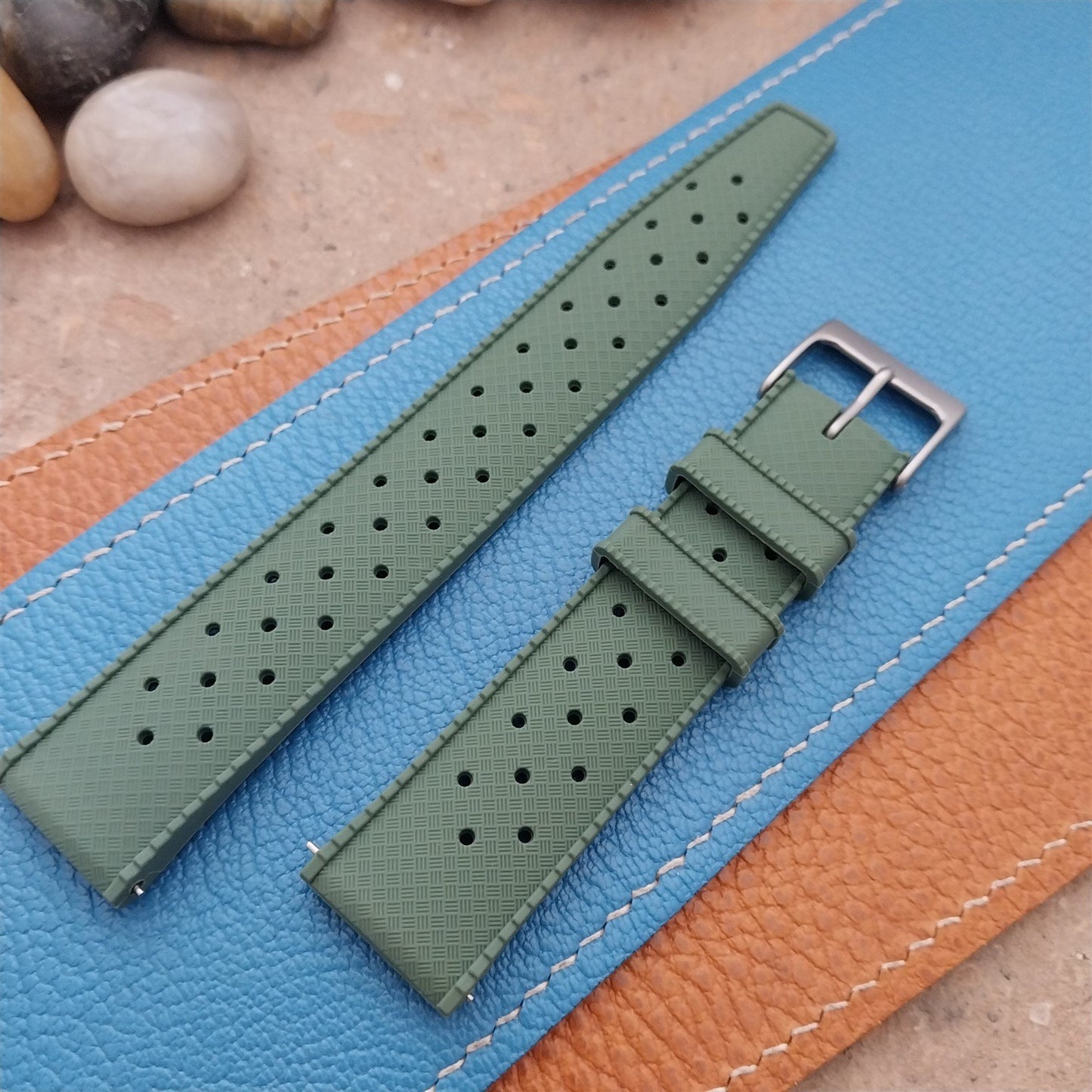 20mm FKM Green Tropical Divers Watch Strap QR Spring Bars Bead Blasted Buckle