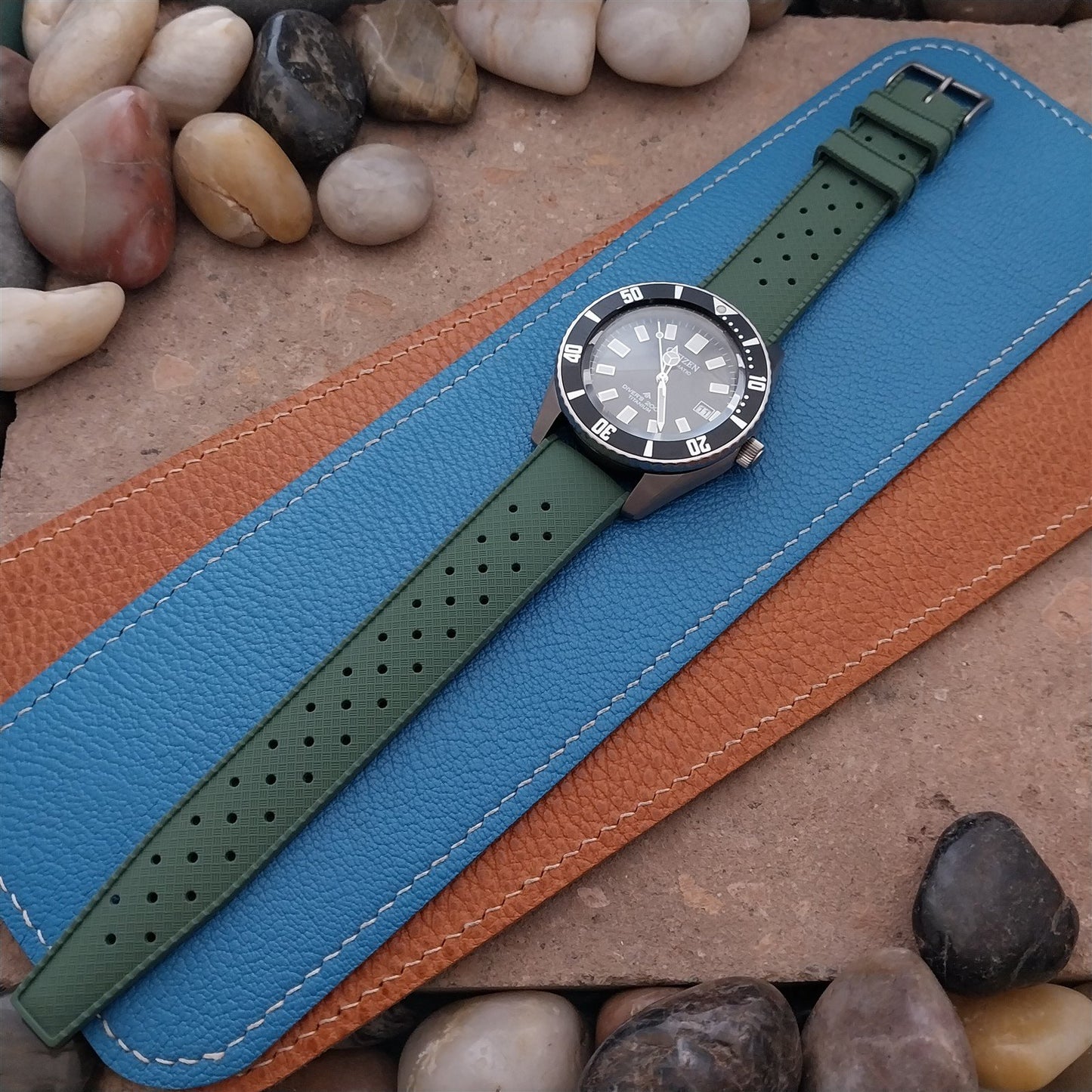 20mm FKM Green Tropical Divers Watch Strap QR Spring Bars Bead Blasted Buckle