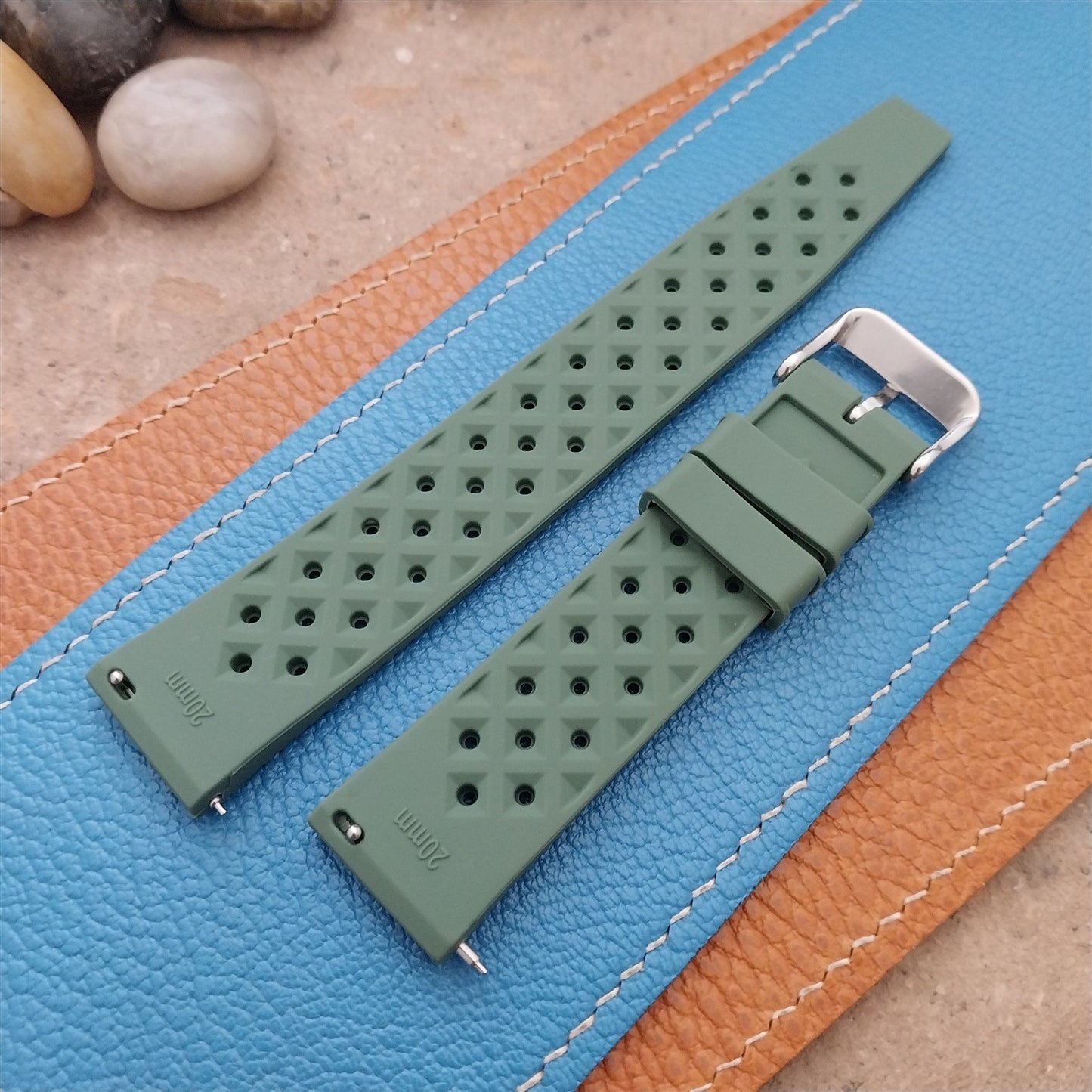 20mm FKM Green Tropical Divers Watch Strap QR Spring Bars Polished Buckle