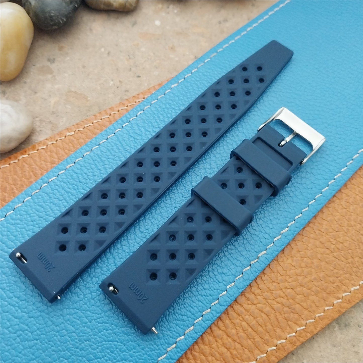 20mm FKM Blue Tropical Divers Watch Strap QR Spring Bars Polished Buckle