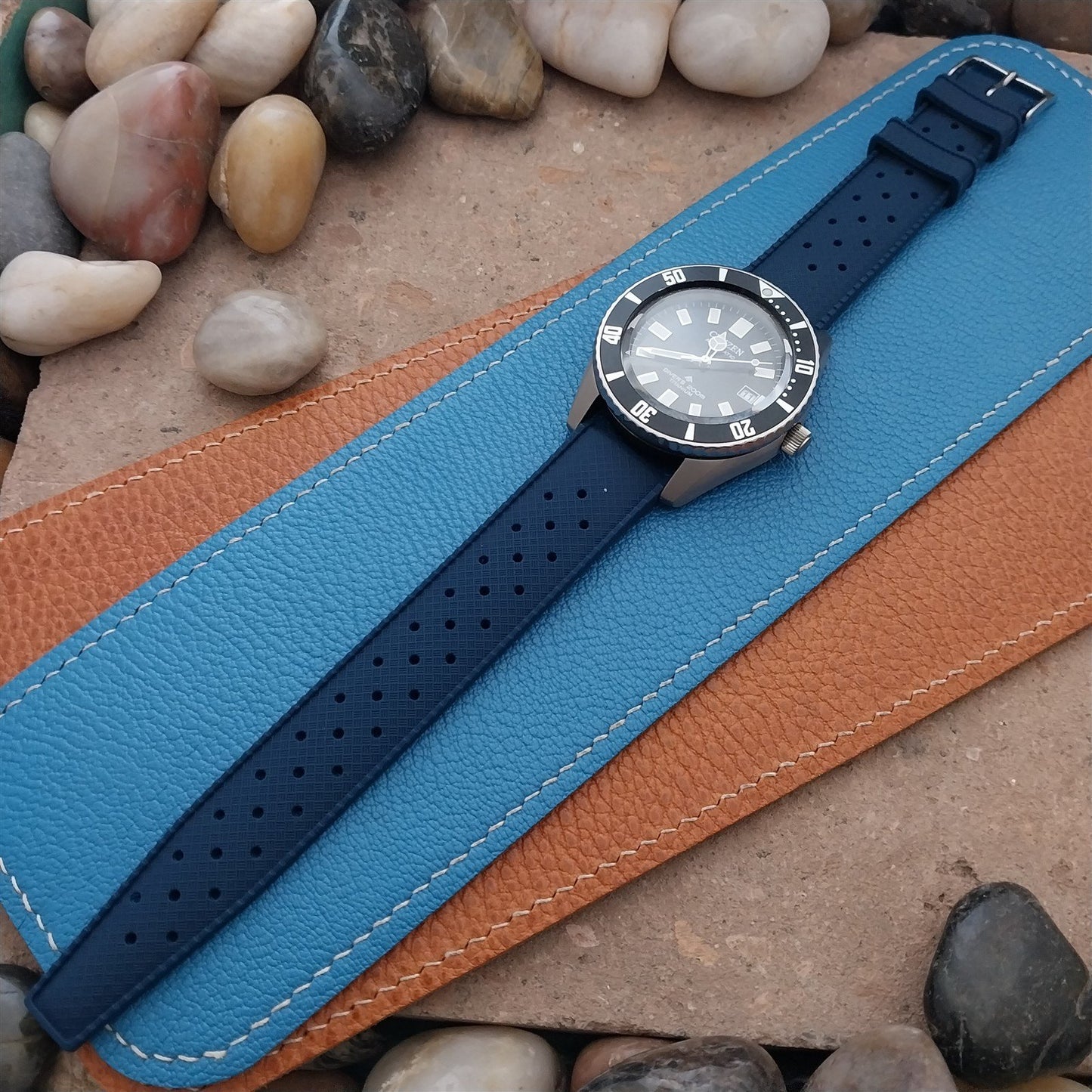 20mm FKM Blue Tropical Divers Watch Strap QR Spring Bars Polished Buckle