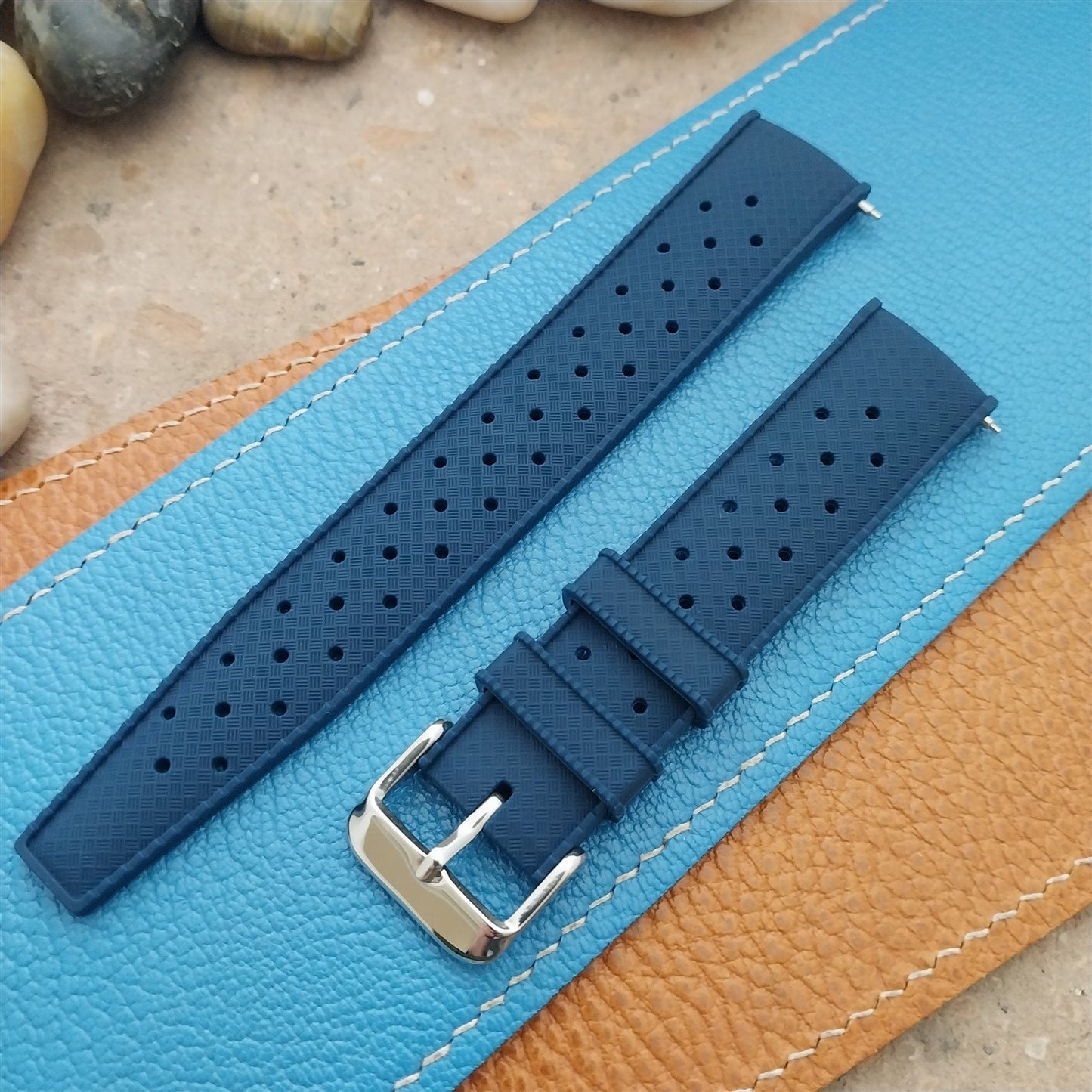 20mm FKM Blue Tropical Divers Watch Strap QR Spring Bars Polished Buckle