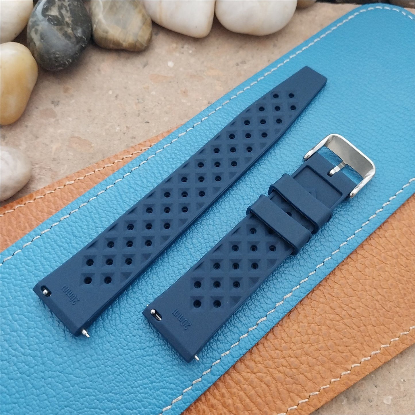 20mm FKM Blue Tropical Divers Watch Strap QR Spring Bars Polished Buckle