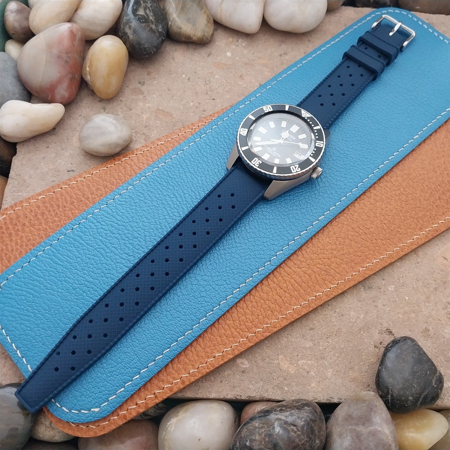 20mm FKM Blue Tropical Divers Watch Strap QR Spring Bars Polished Buckle