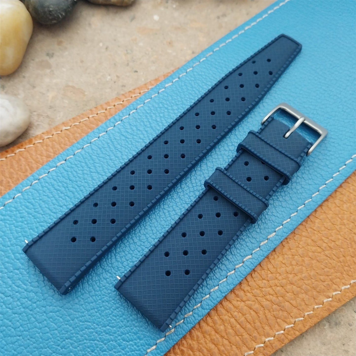 20mm FKM Blue Tropical Divers Watch Strap QR Spring Bars Bead Blasted Buckle