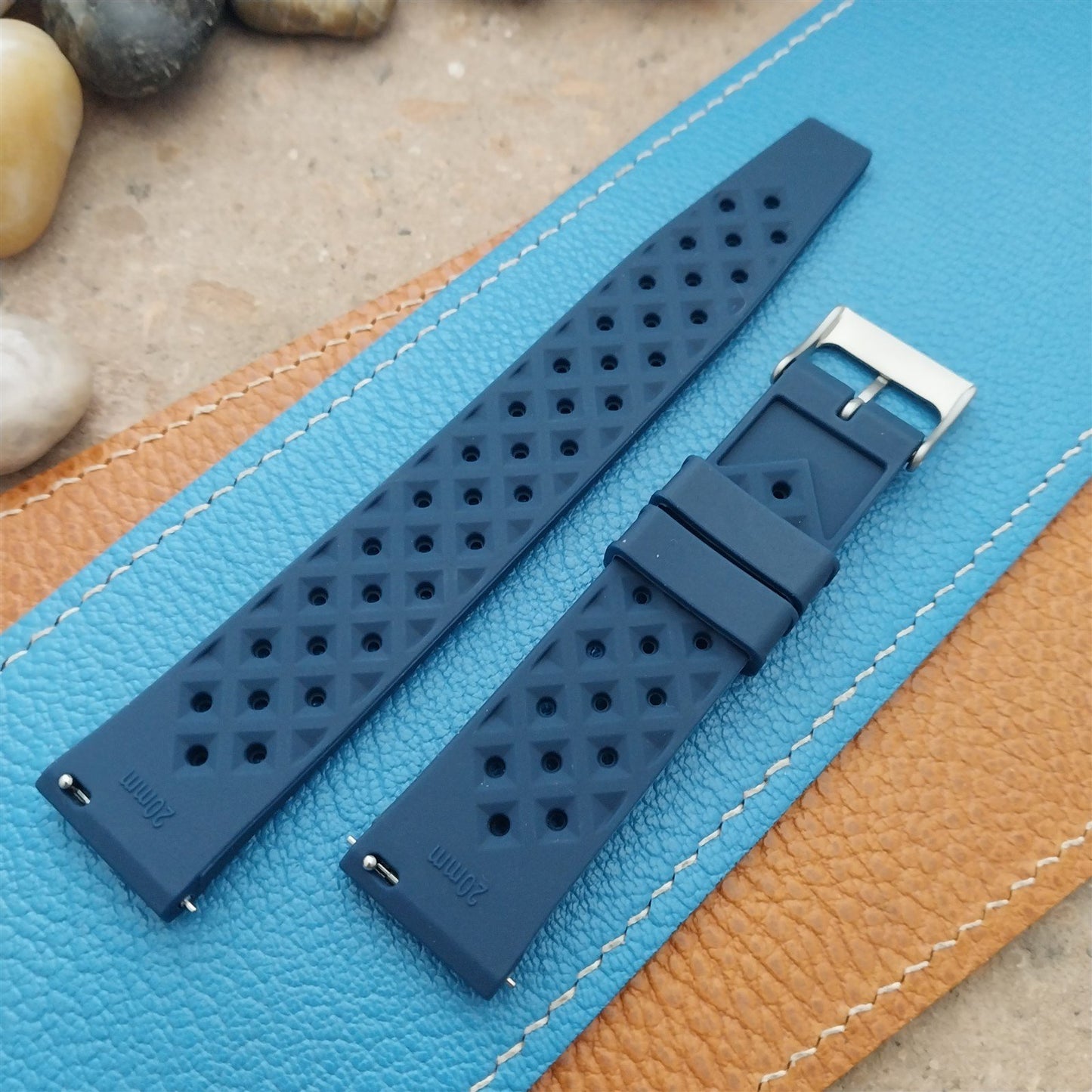 20mm FKM Blue Tropical Divers Watch Strap QR Spring Bars Bead Blasted Buckle