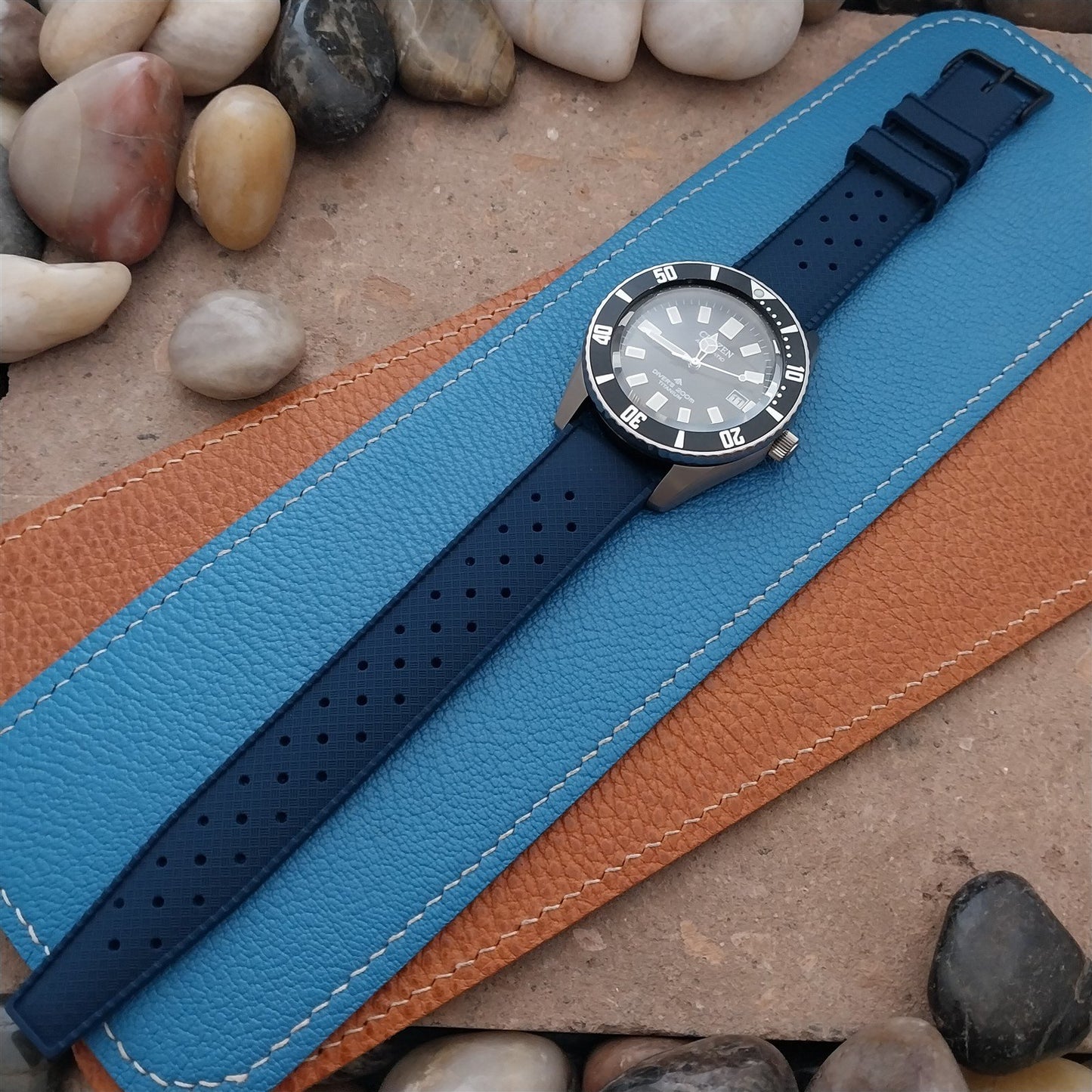 20mm FKM Blue Tropical Divers Watch Strap QR Spring Bars Black Stainless Buckle