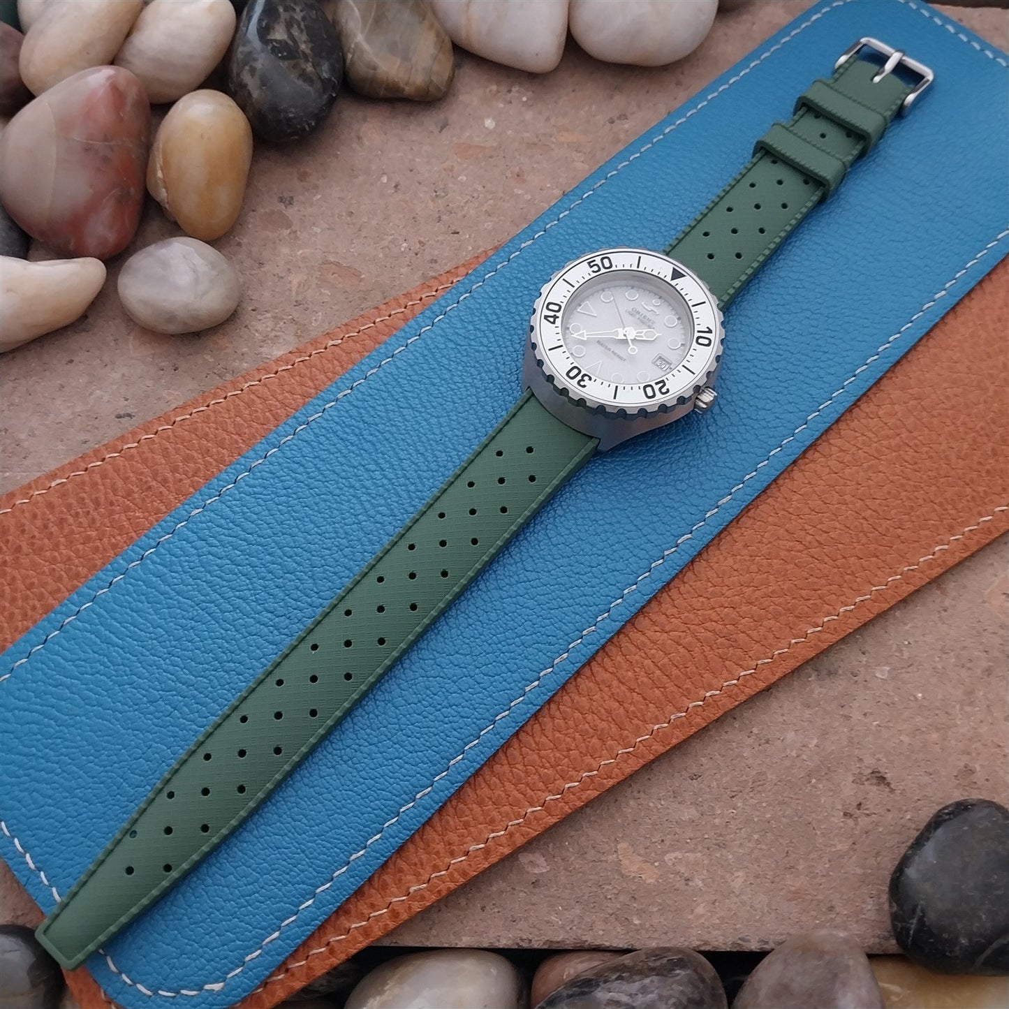 18mm FKM Green Tropical Divers Watch Strap QR Spring Bars Polished Buckle