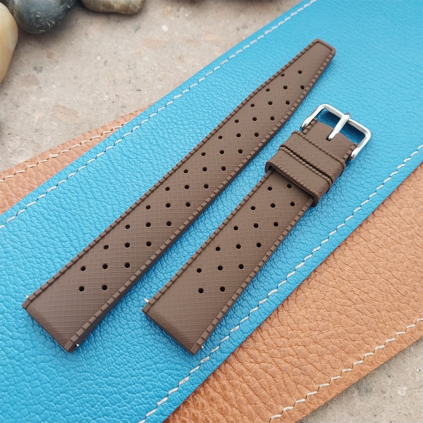 18mm FKM Brown Tropical Divers Watch Strap QR Spring Bars Polished Buckle