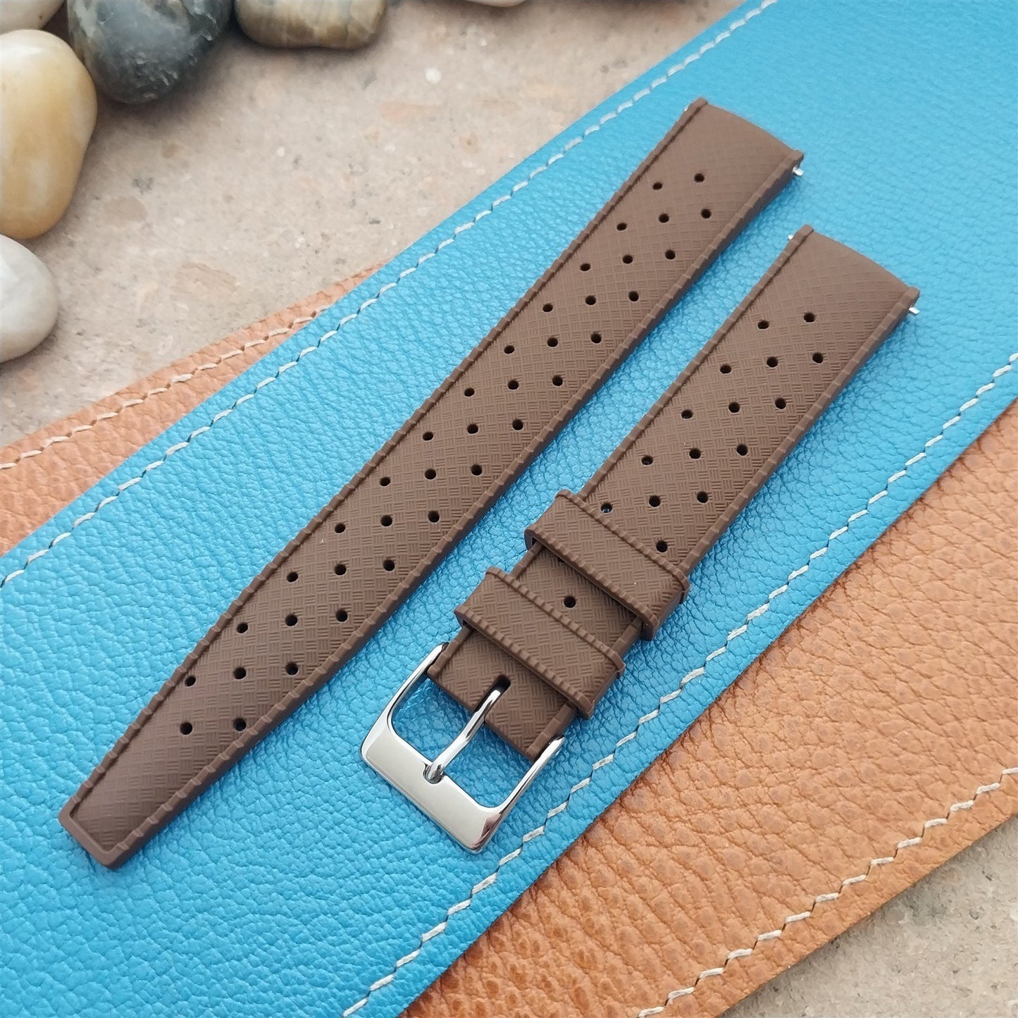 18mm FKM Brown Tropical Divers Watch Strap QR Spring Bars Polished Buckle