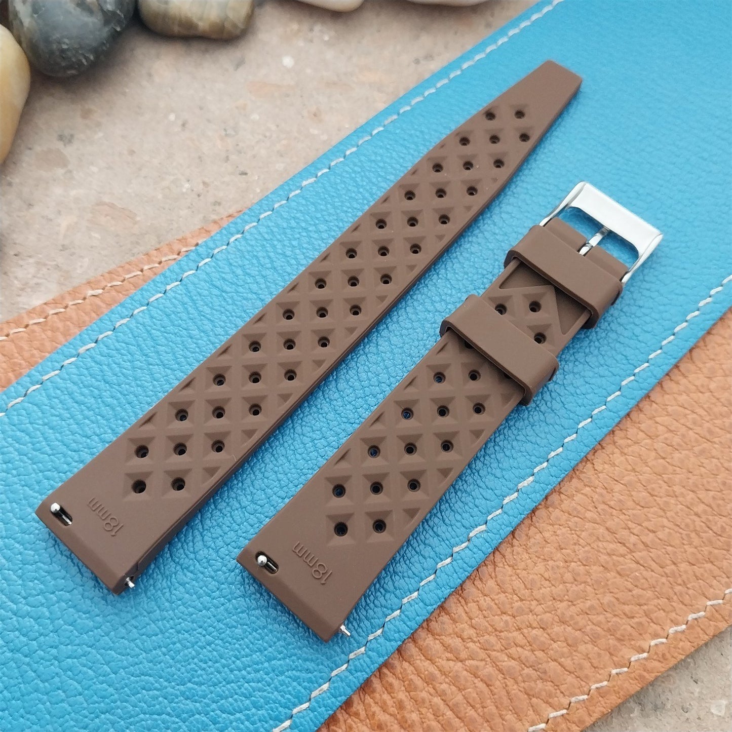 18mm FKM Brown Tropical Divers Watch Strap QR Spring Bars Polished Buckle