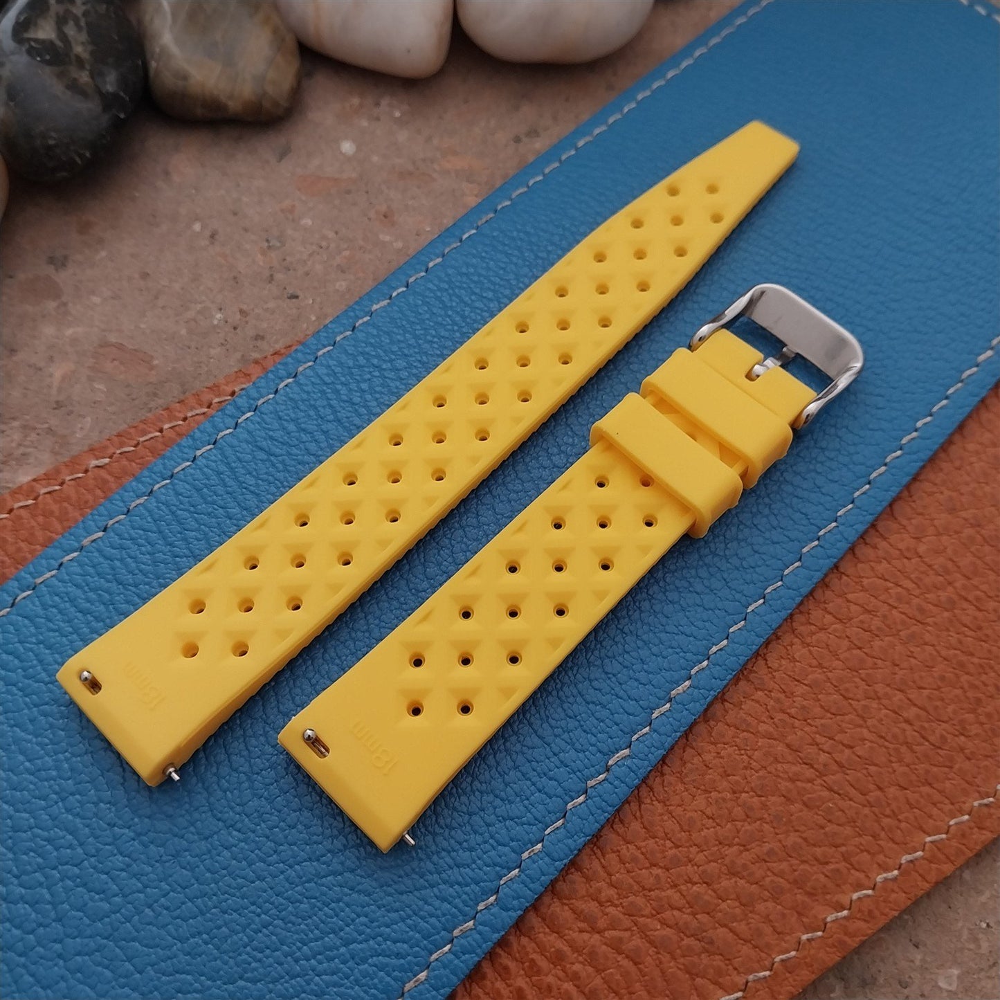 18mm FKM Yellow Tropical Divers Watch Strap QR Spring Bars Polished Buckle