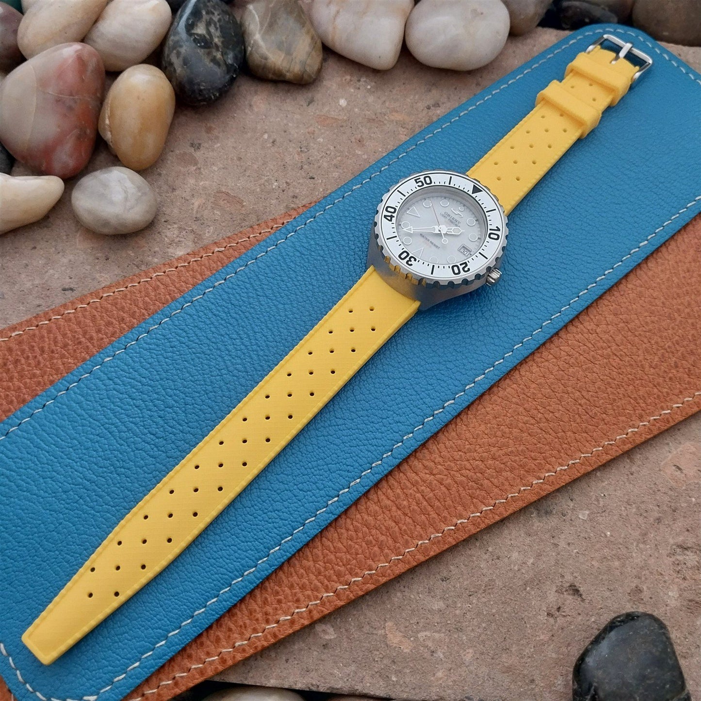 18mm FKM Yellow Tropical Divers Watch Strap QR Spring Bars Polished Buckle