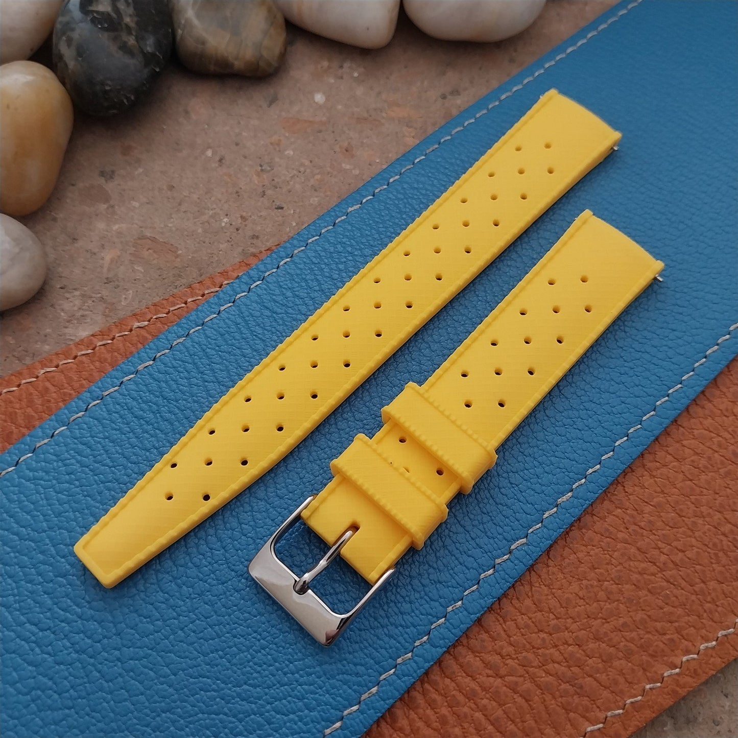 18mm FKM Yellow Tropical Divers Watch Strap QR Spring Bars Polished Buckle