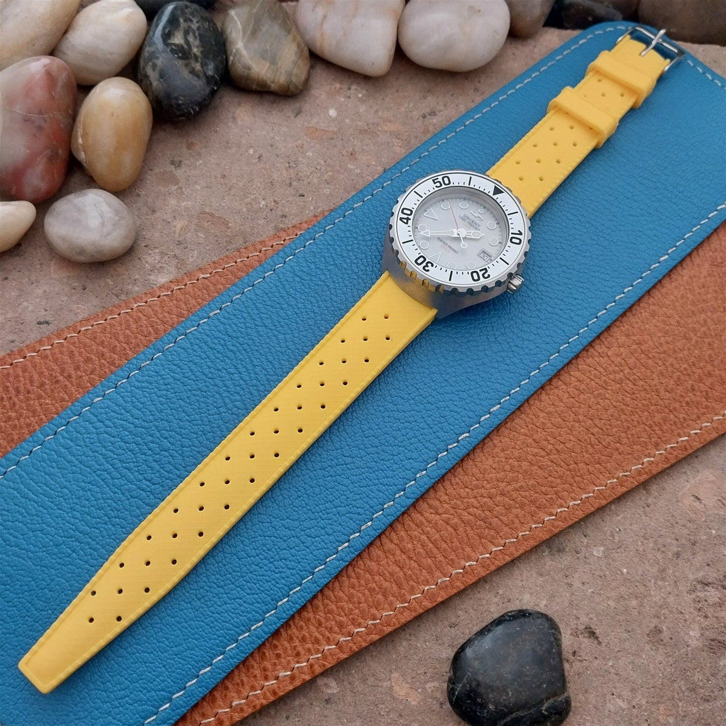 18mm FKM Yellow Tropical Divers Watch Strap QR Spring Bars Polished Buckle