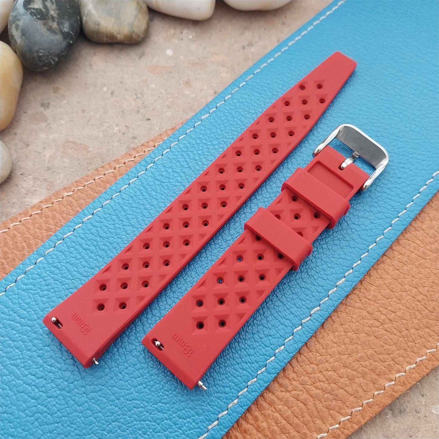 18mm FKM Red Tropical Divers Watch Strap QR Spring Bars Polished Buckle