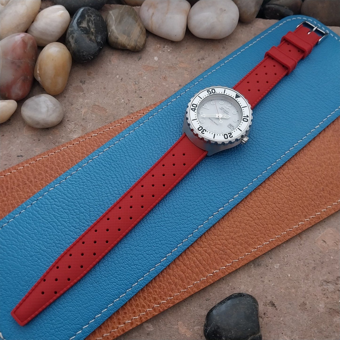 18mm FKM Red Tropical Divers Watch Strap QR Spring Bars Polished Buckle