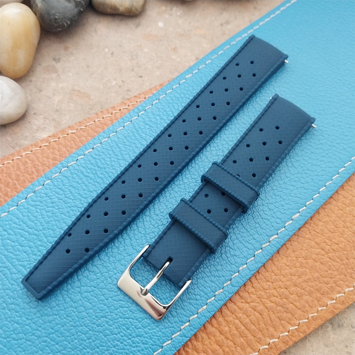 18mm FKM Blue Tropical Divers Watch Strap QR Spring Bars Polished Buckle