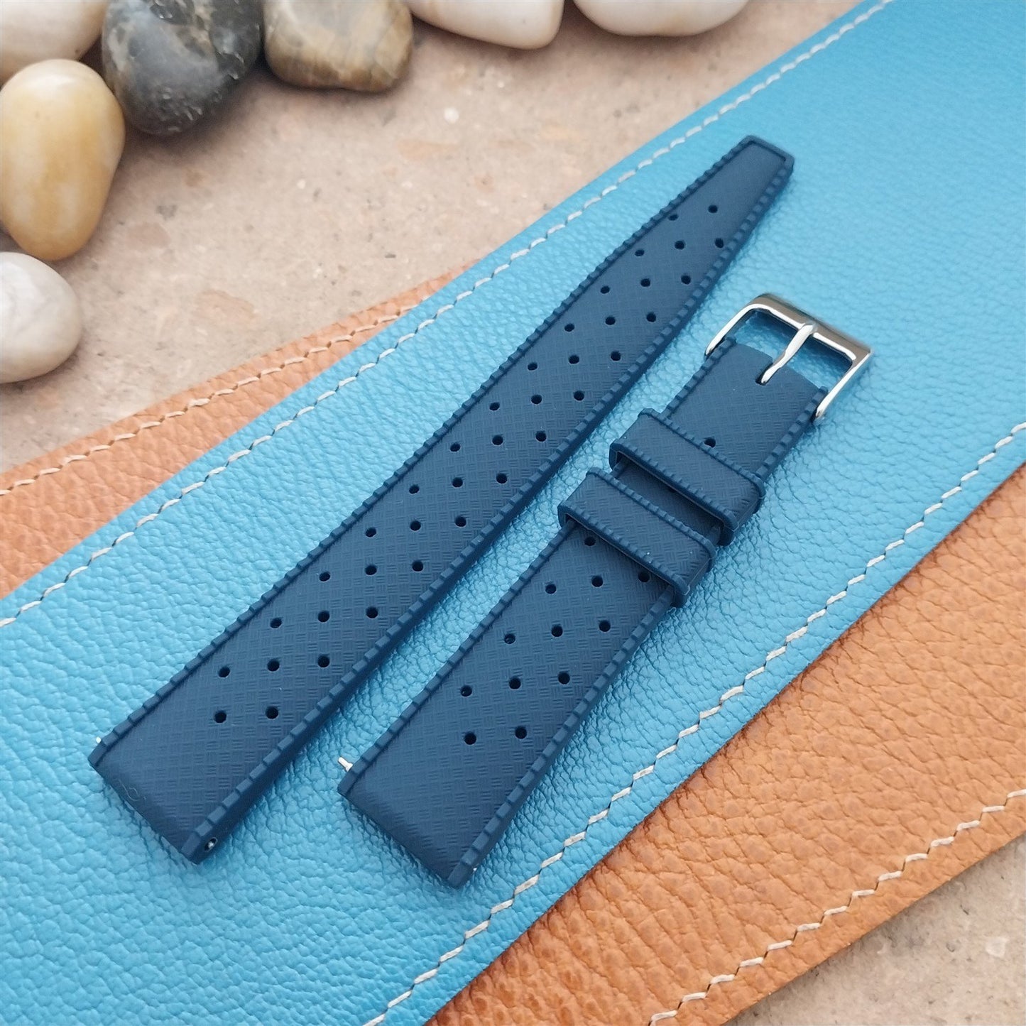 18mm FKM Blue Tropical Divers Watch Strap QR Spring Bars Polished Buckle