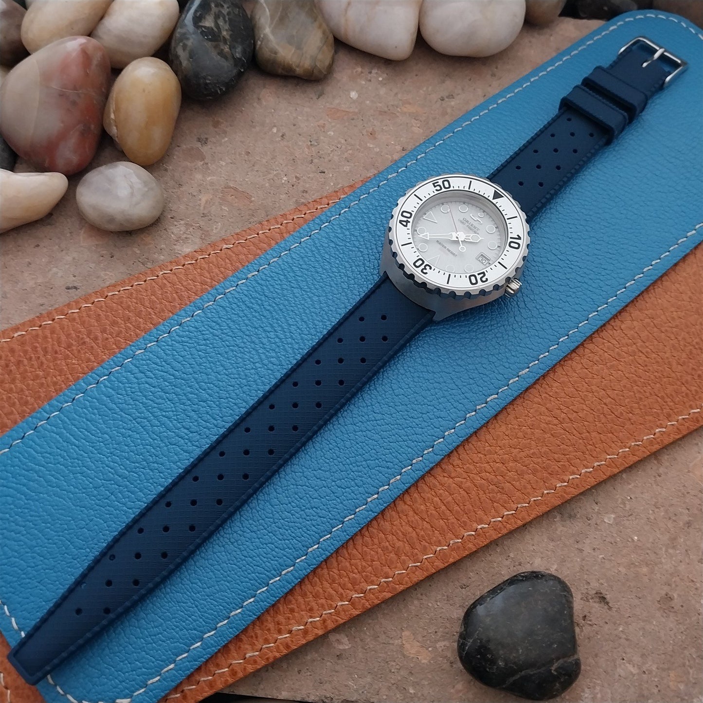 18mm FKM Blue Tropical Divers Watch Strap QR Spring Bars Polished Buckle