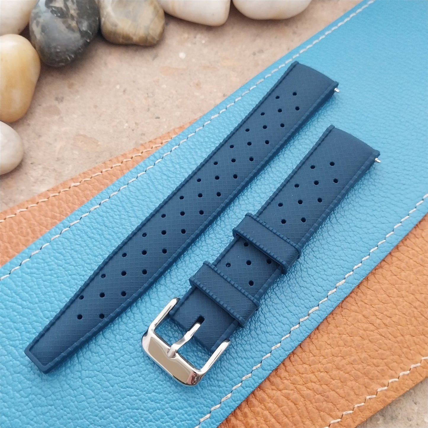18mm FKM Blue Tropical Divers Watch Strap QR Spring Bars Polished Buckle