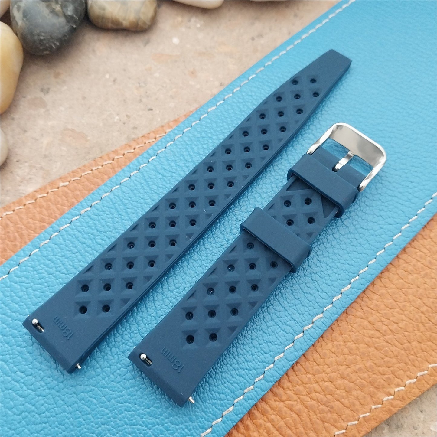 18mm FKM Blue Tropical Divers Watch Strap QR Spring Bars Polished Buckle