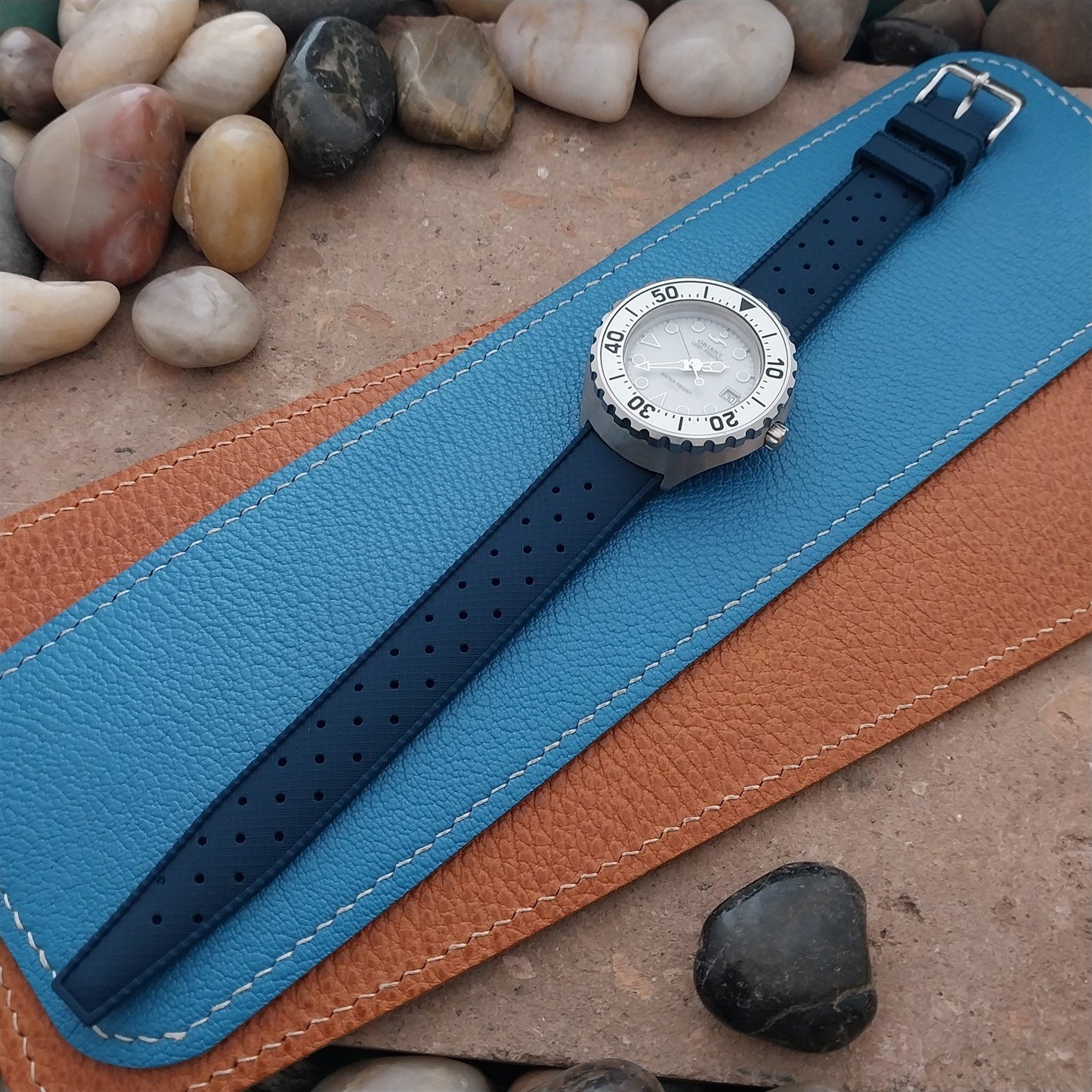 18mm FKM Blue Tropical Divers Watch Strap QR Spring Bars Polished Buckle