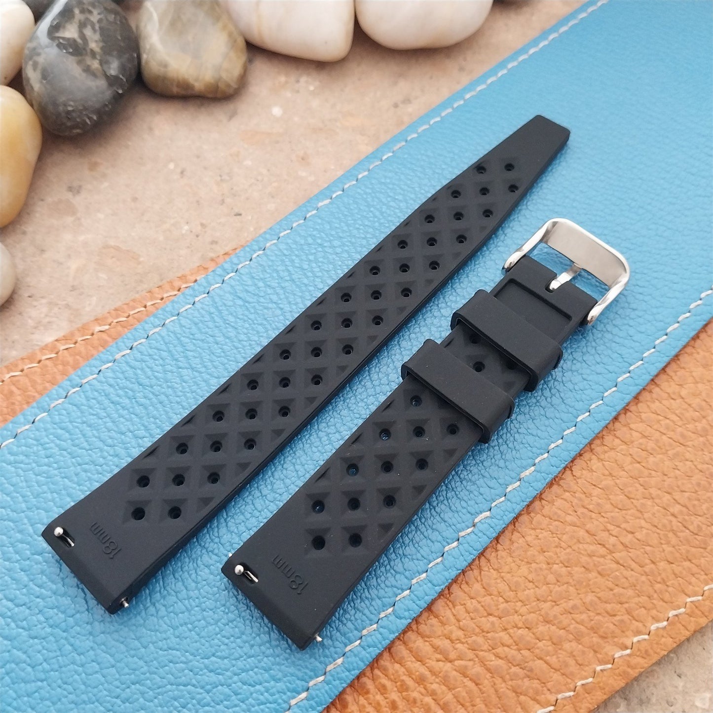 18mm FKM Black Tropical Divers Watch Strap QR Spring Bars Polished Buckle