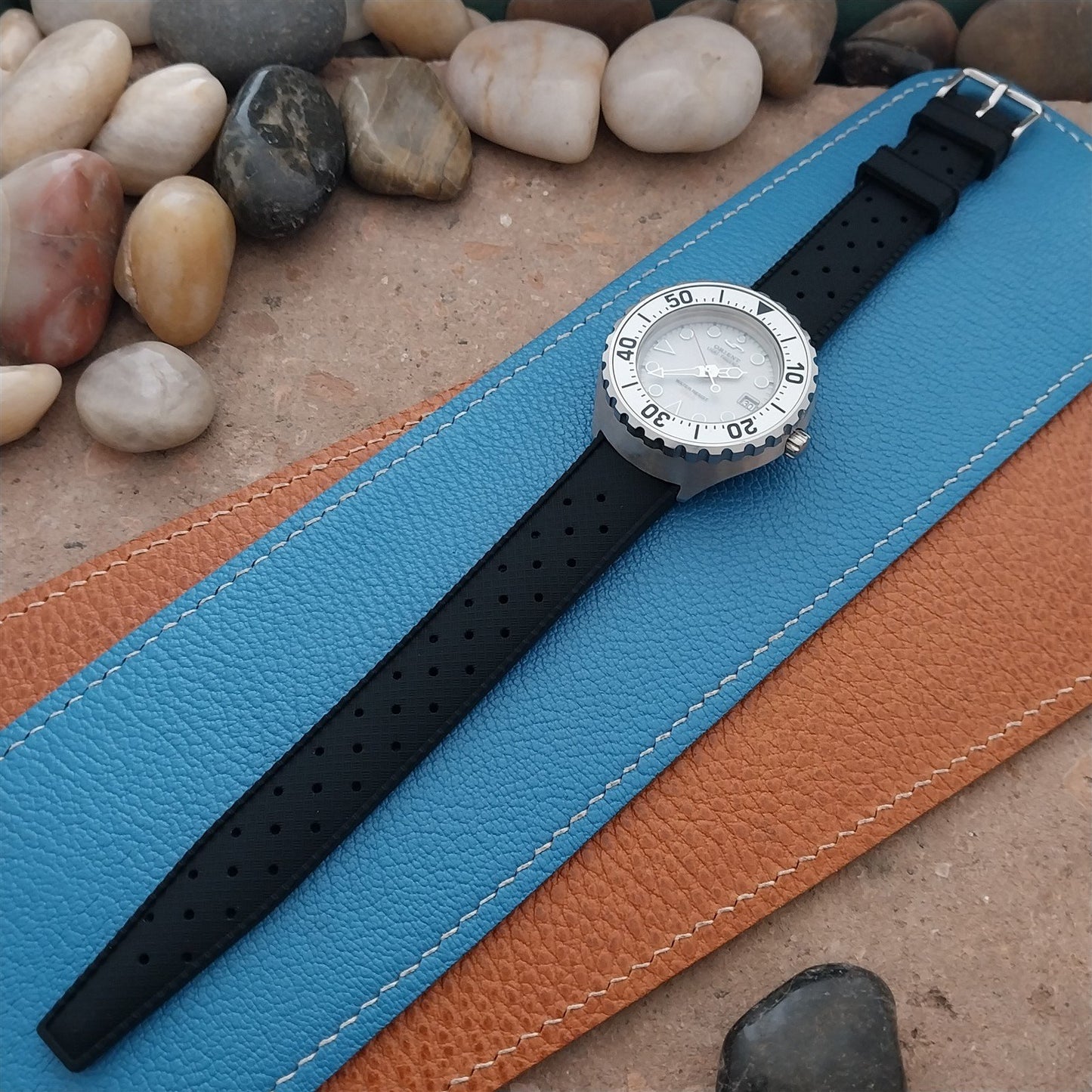 18mm FKM Black Tropical Divers Watch Strap QR Spring Bars Polished Buckle