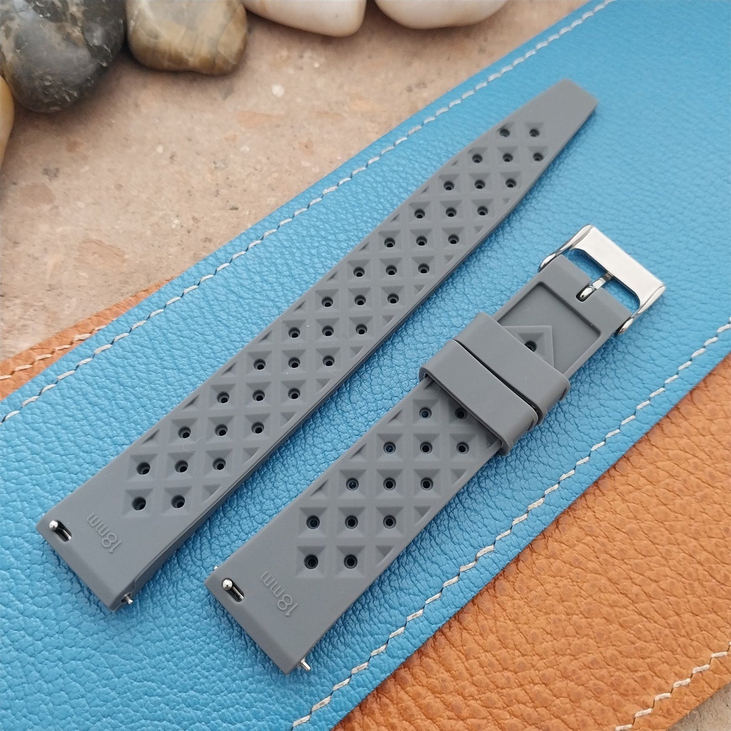 18mm FKM Gray Tropical Divers Watch Strap QR Spring Bars Polished Buckle