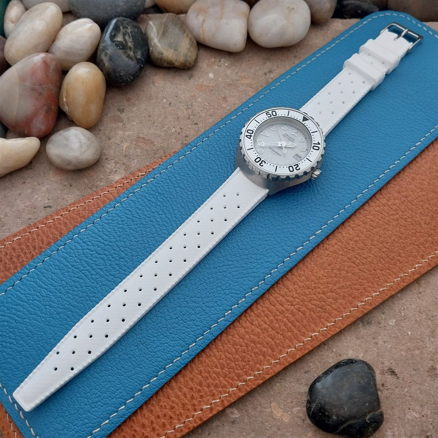 18mm FKM White Tropical Divers Watch Strap QR Spring Bars Polished Buckle