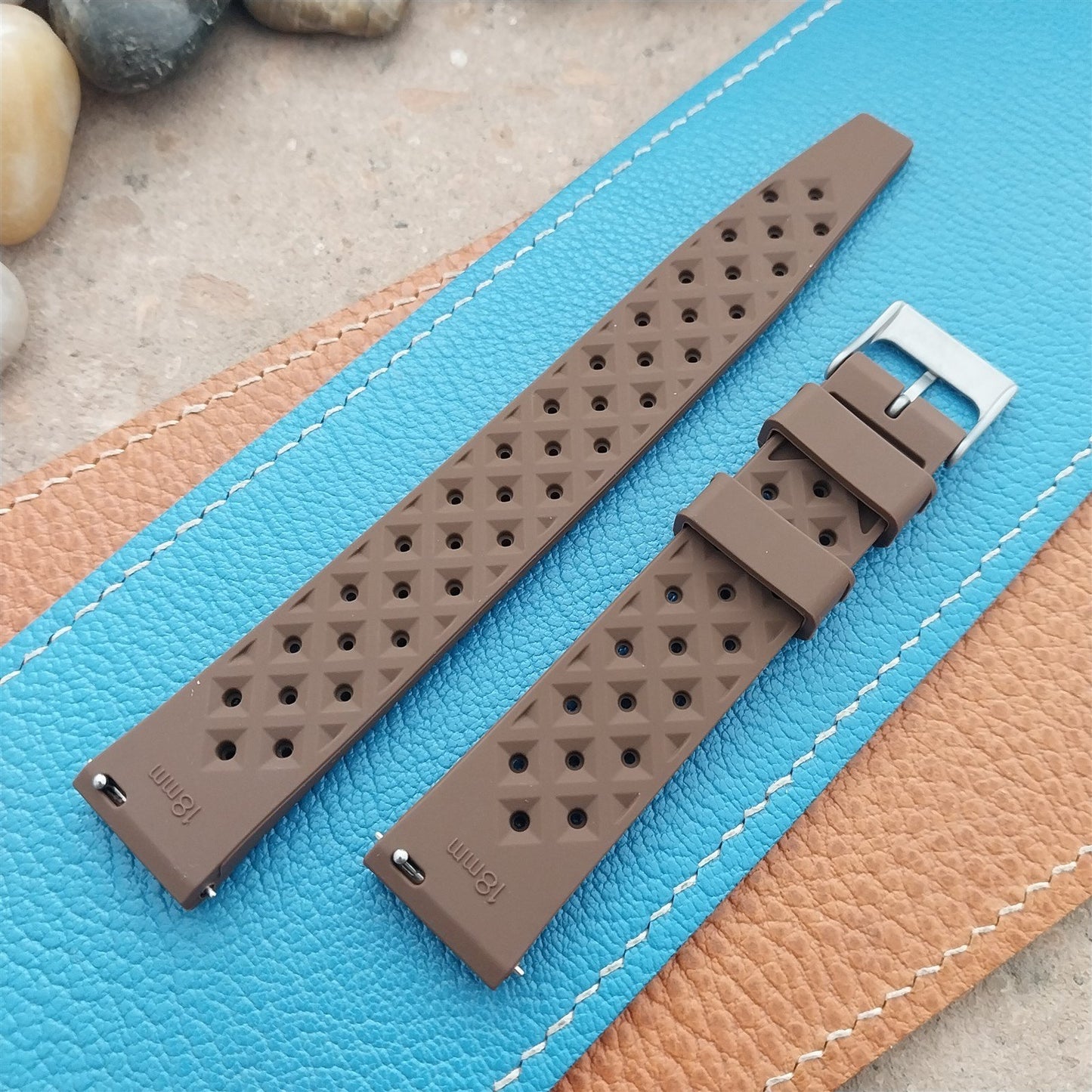 18mm FKM Brown Tropical Divers Watch Strap QR Spring Bars Bead Blasted Buckle