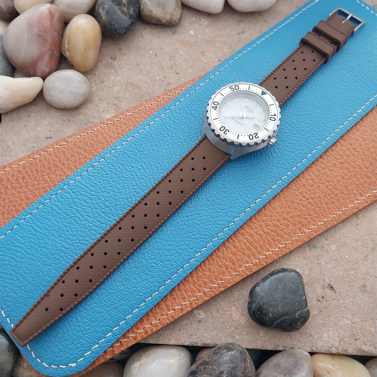 18mm FKM Brown Tropical Divers Watch Strap QR Spring Bars Bead Blasted Buckle