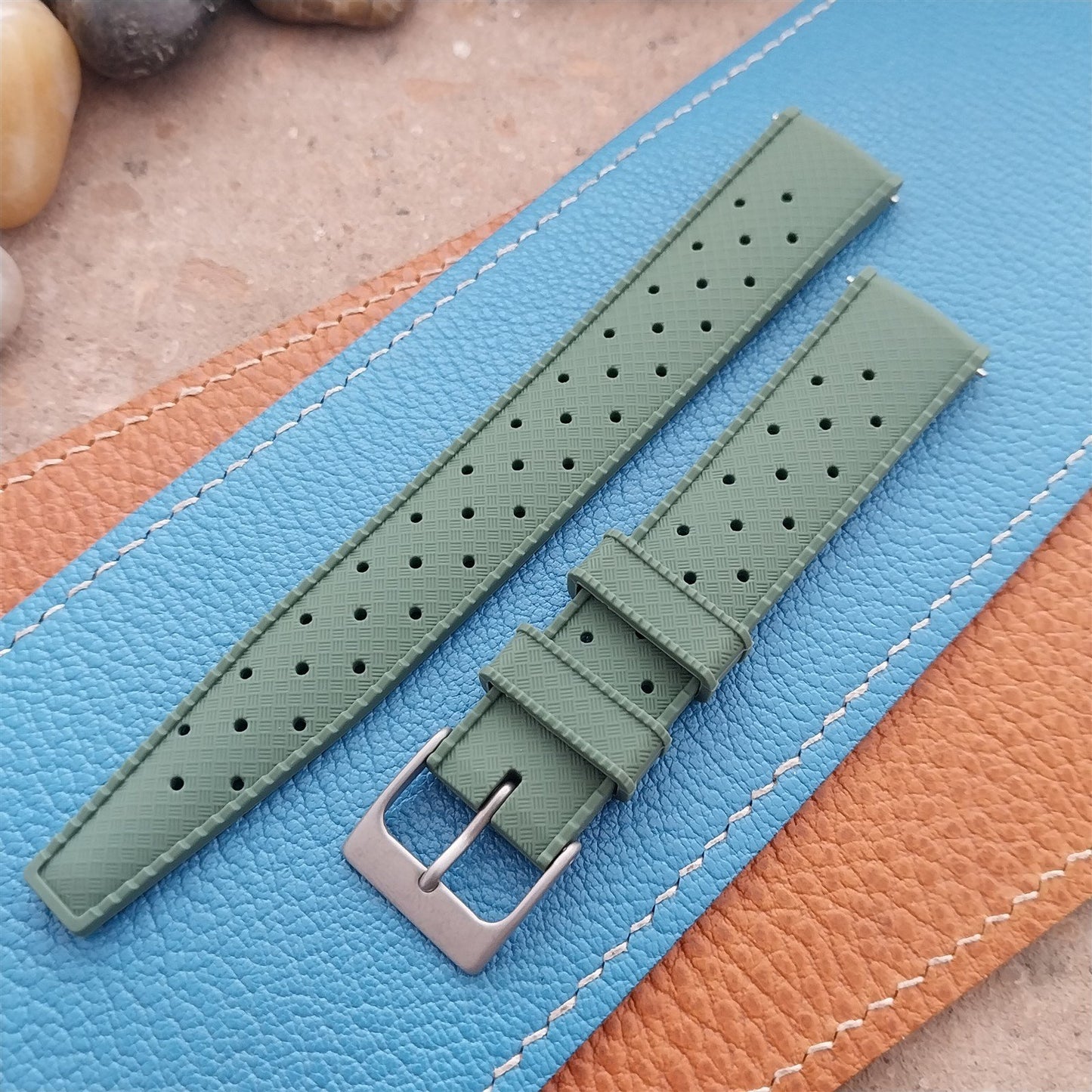 18mm FKM Green Tropical Divers Watch Strap QR Spring Bars Bead Blasted Buckle