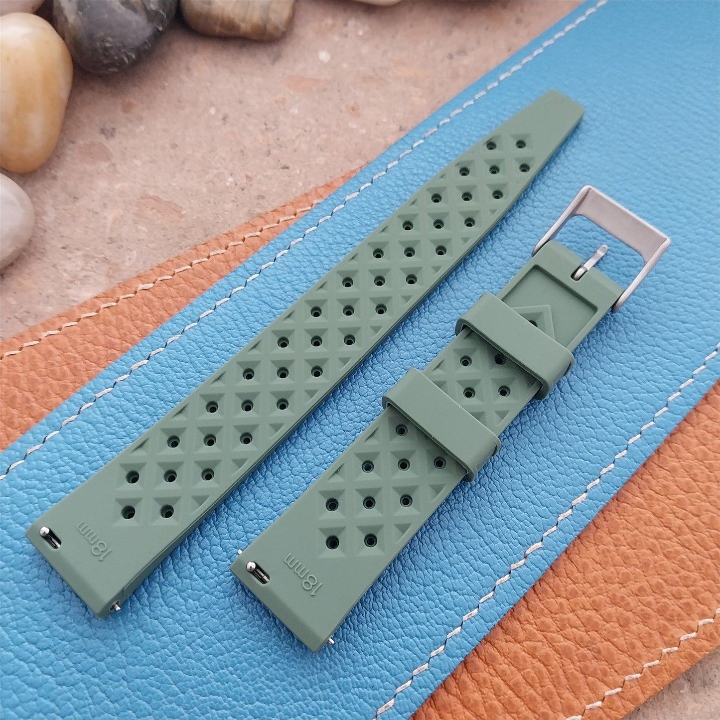 18mm FKM Green Tropical Divers Watch Strap QR Spring Bars Bead Blasted Buckle