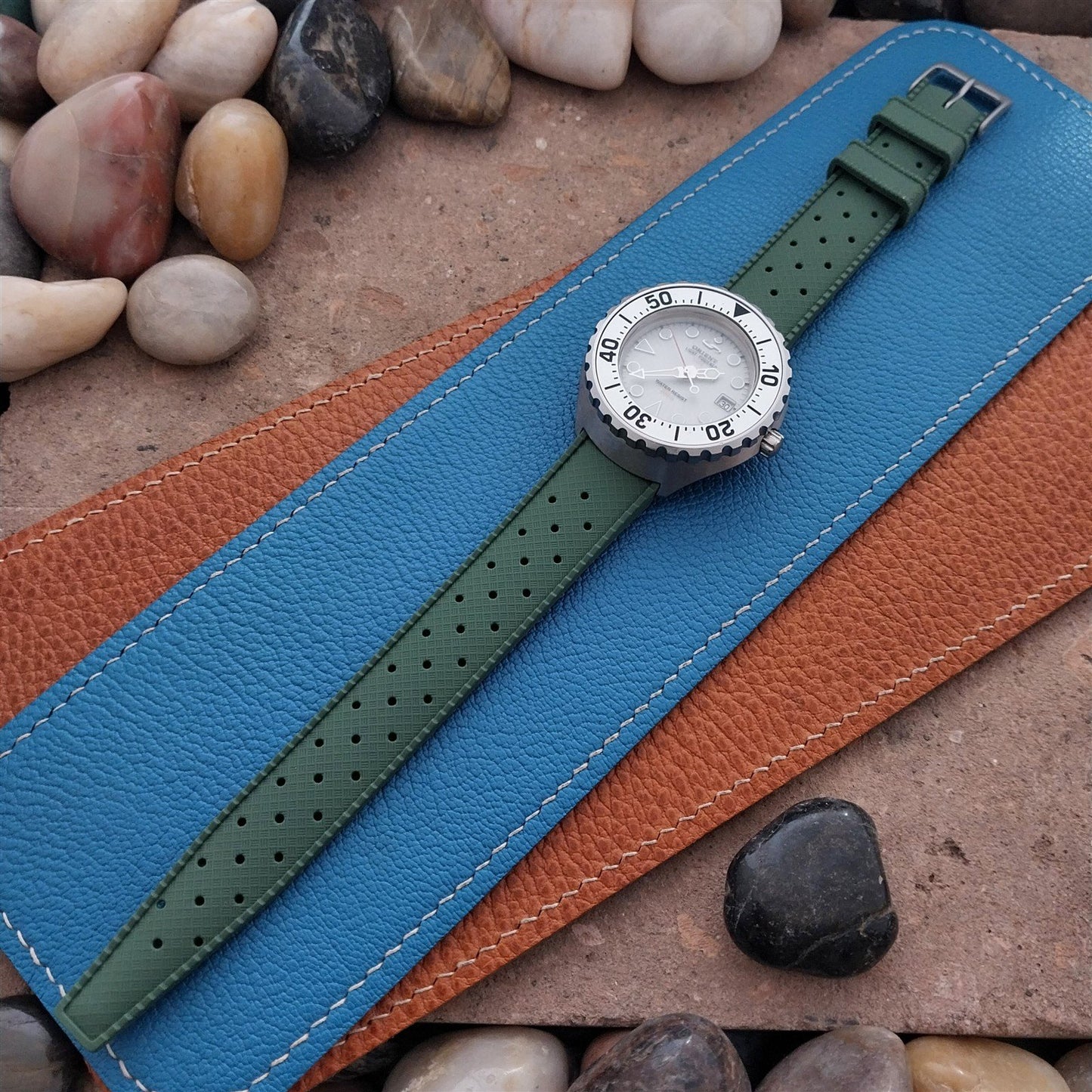 18mm FKM Green Tropical Divers Watch Strap QR Spring Bars Bead Blasted Buckle