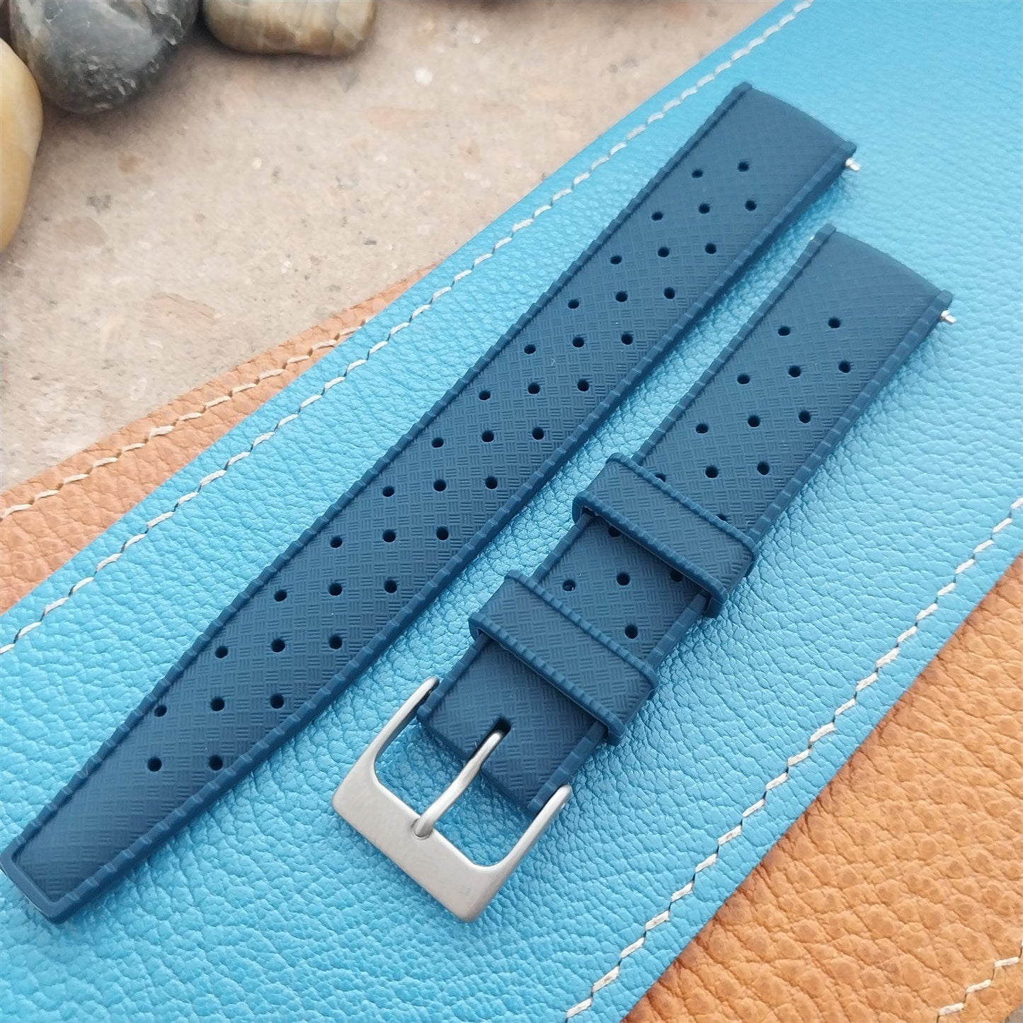 18mm FKM Blue Tropical Divers Watch Strap QR Spring Bars Bead Blasted Buckle