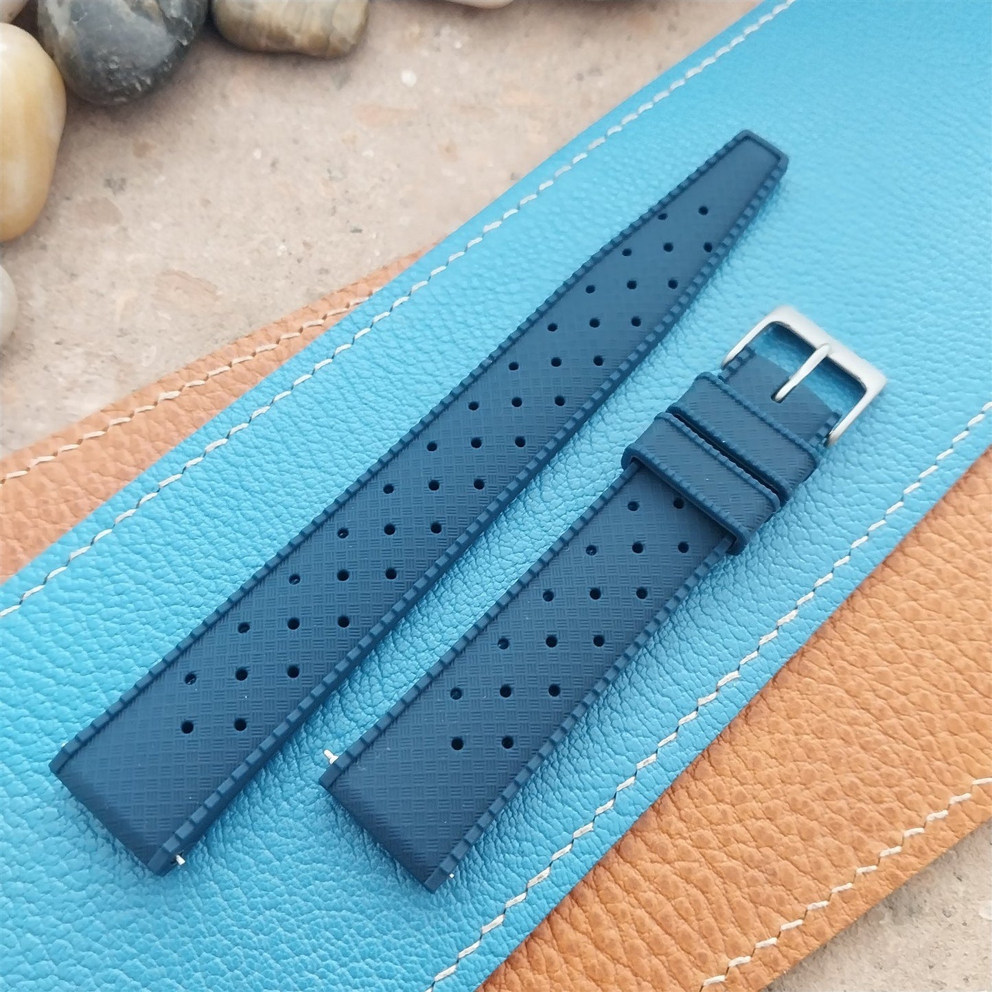 18mm FKM Blue Tropical Divers Watch Strap QR Spring Bars Bead Blasted Buckle