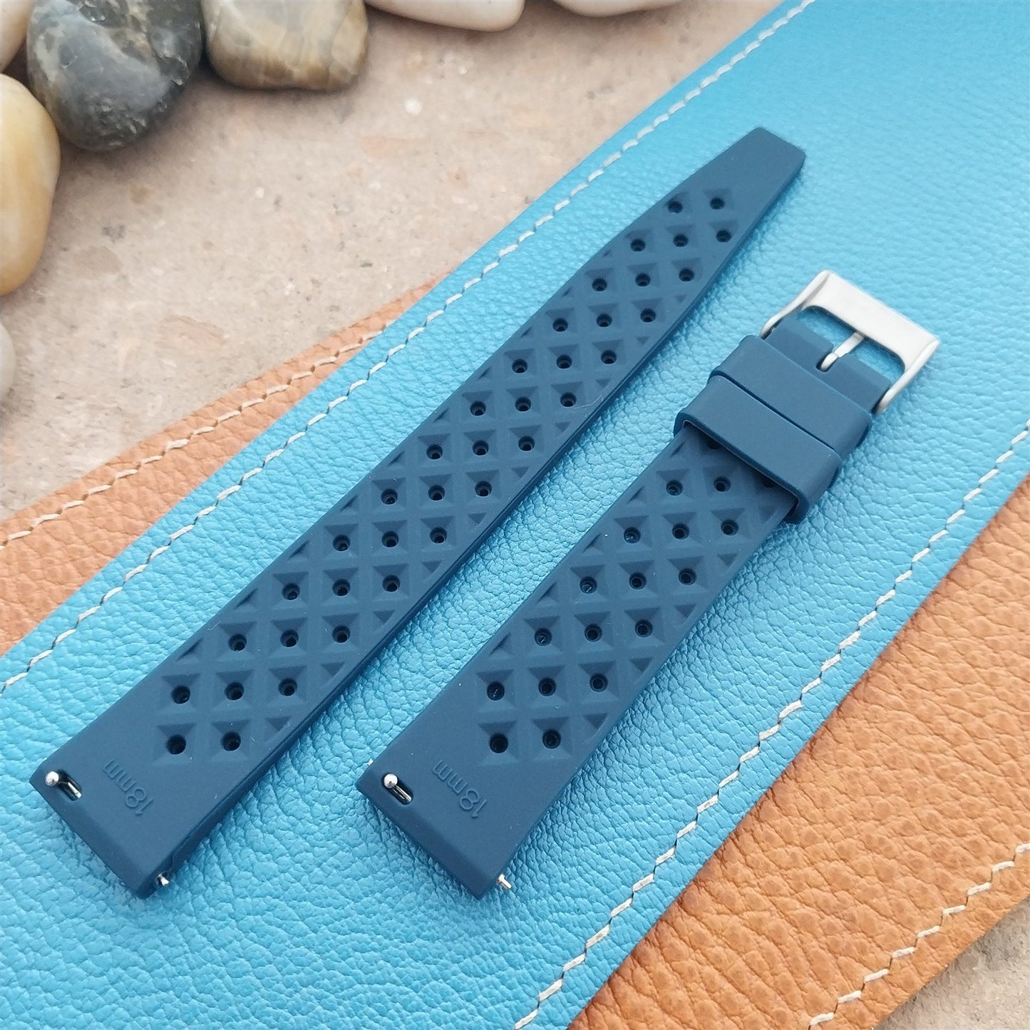 18mm FKM Blue Tropical Divers Watch Strap QR Spring Bars Bead Blasted Buckle