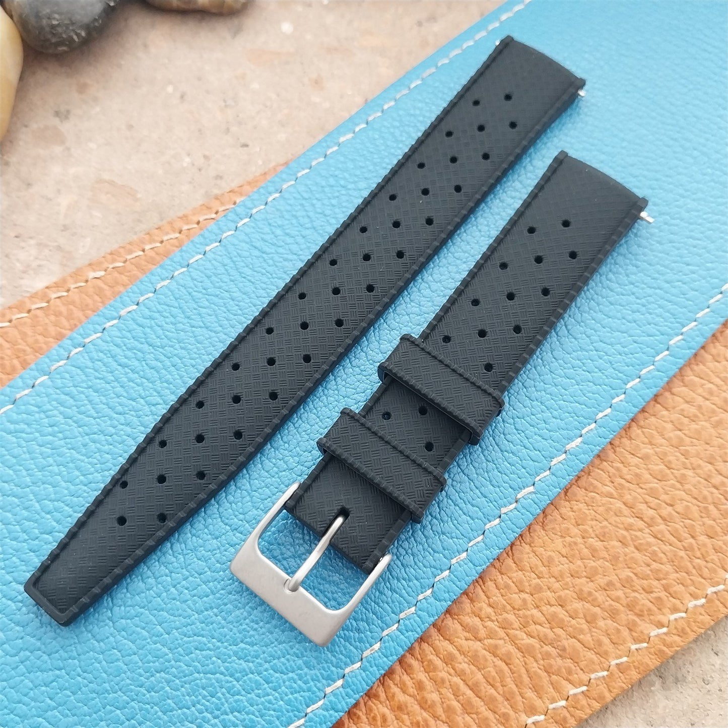 18mm FKM Black Tropical Divers Watch Strap QR Spring Bars Bead Blasted Buckle