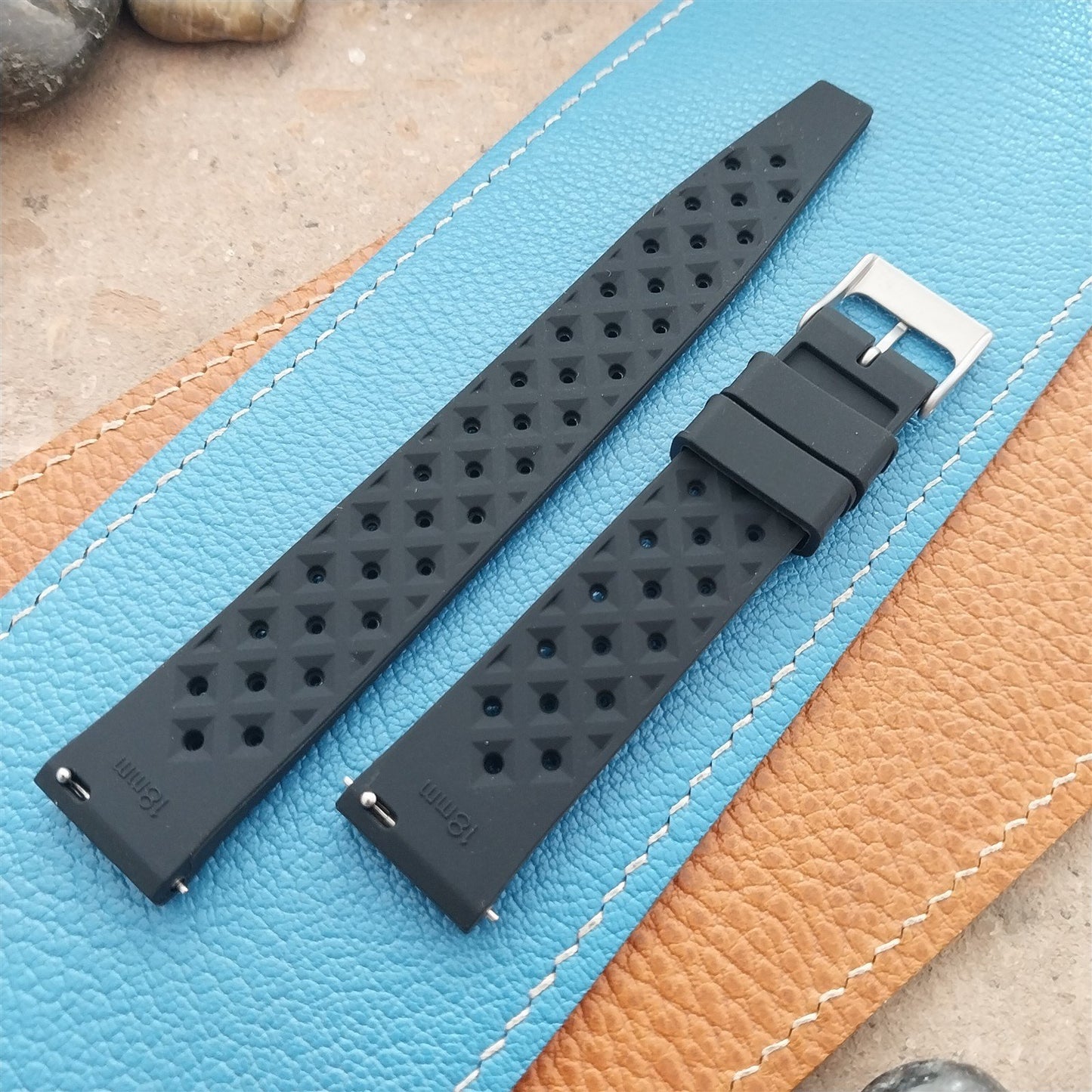 18mm FKM Black Tropical Divers Watch Strap QR Spring Bars Bead Blasted Buckle