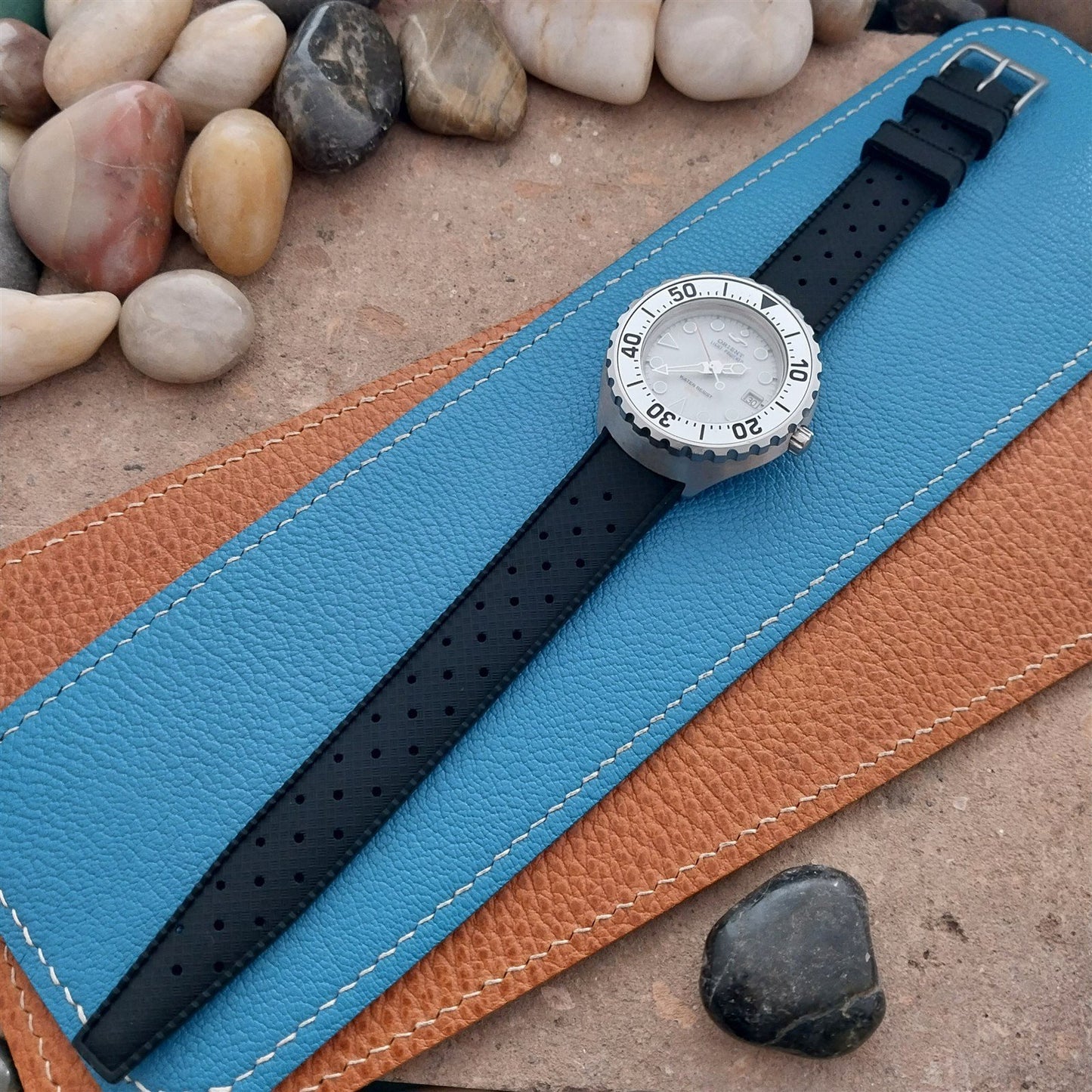 18mm FKM Black Tropical Divers Watch Strap QR Spring Bars Bead Blasted Buckle