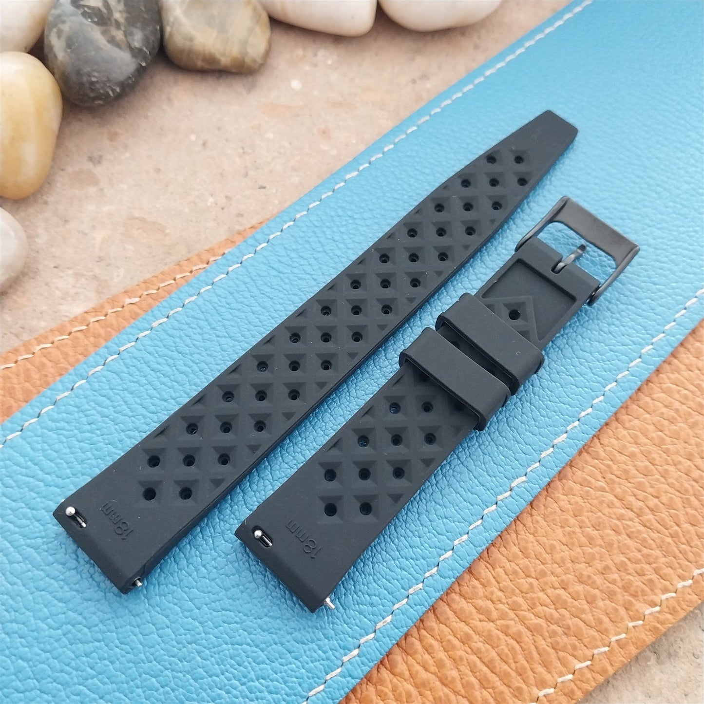 18mm FKM Black Tropical Divers Watch Strap QR Spring Bars Black Stainless Buckle