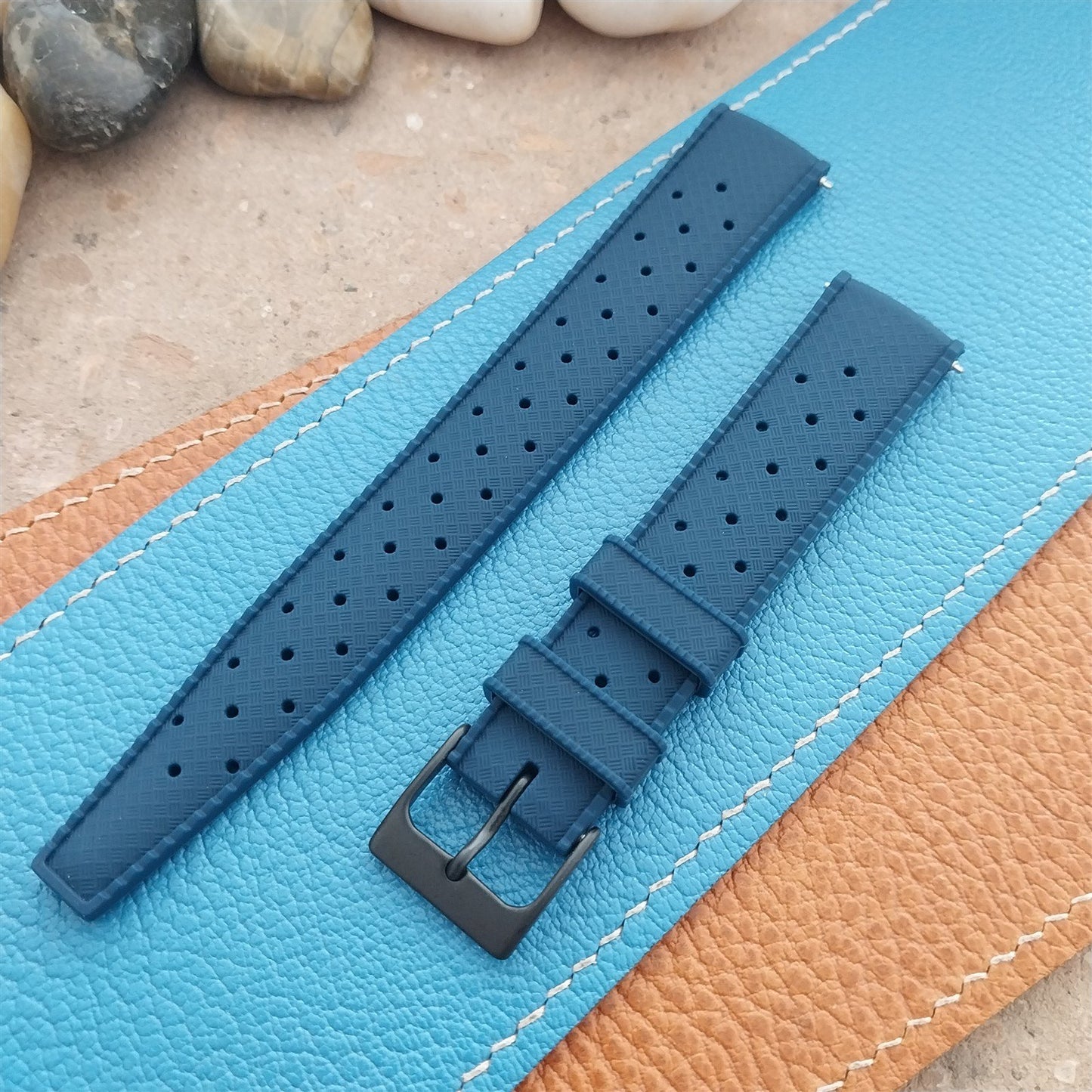 18mm FKM Blue Tropical Divers Watch Strap QR Spring Bars Black Stainless Buckle